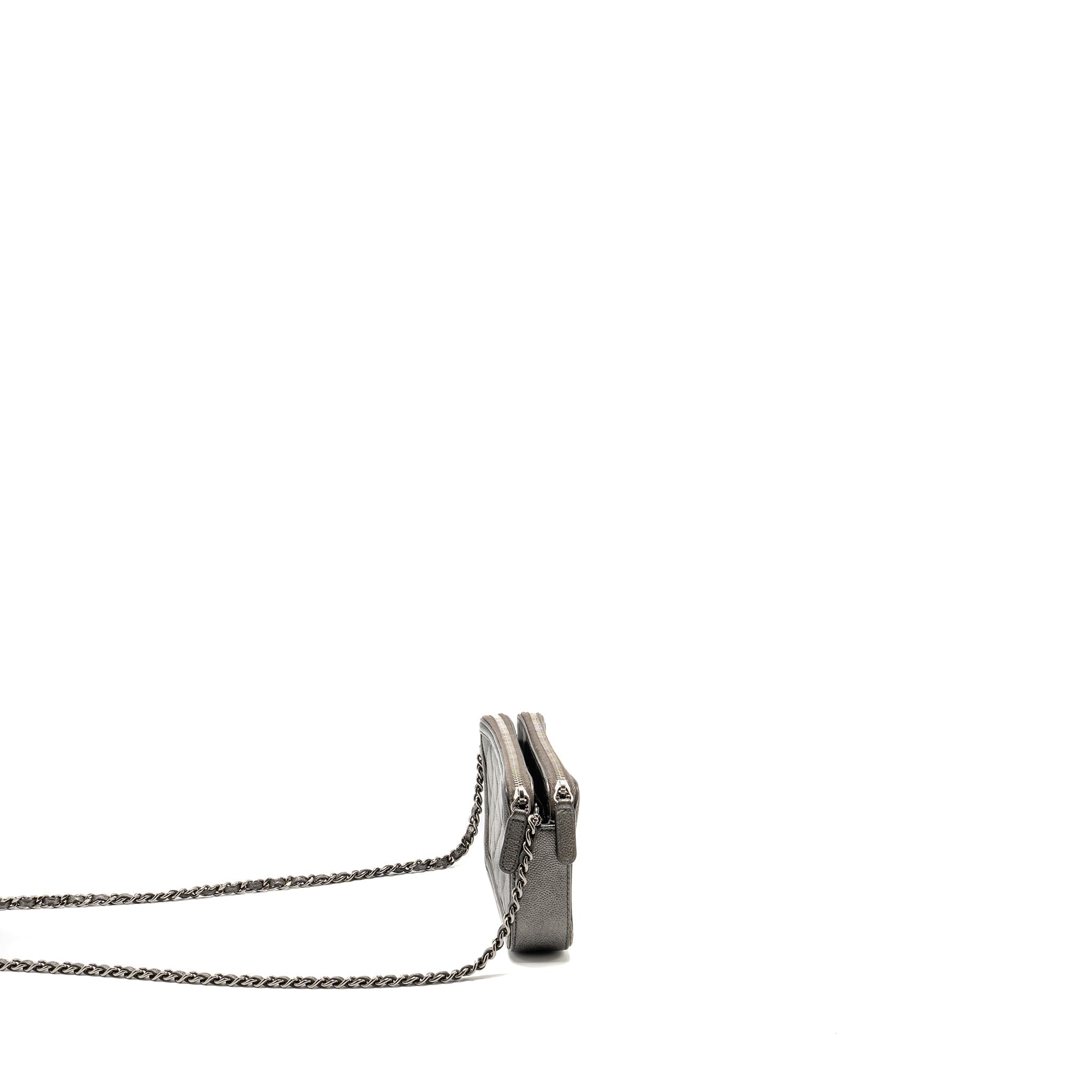 CHANEL CC FILIGREE DOUBLE ZIP CLUTCH WITH CHAIN CAVIAR GREY SHW