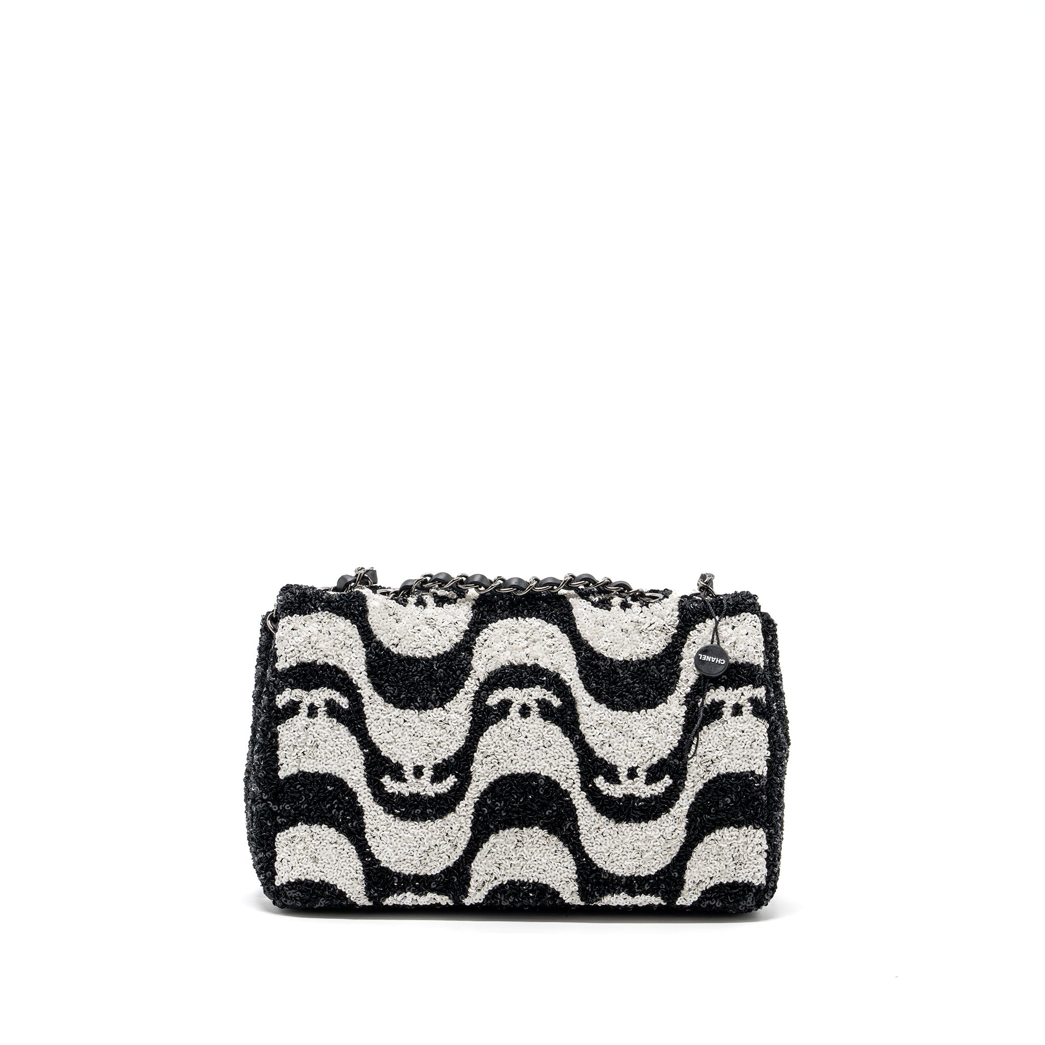 CHANEL 21P LIMITED EDITION FLAP BAG SEQUINS/ SATIN BLACK/ WHITE SHW