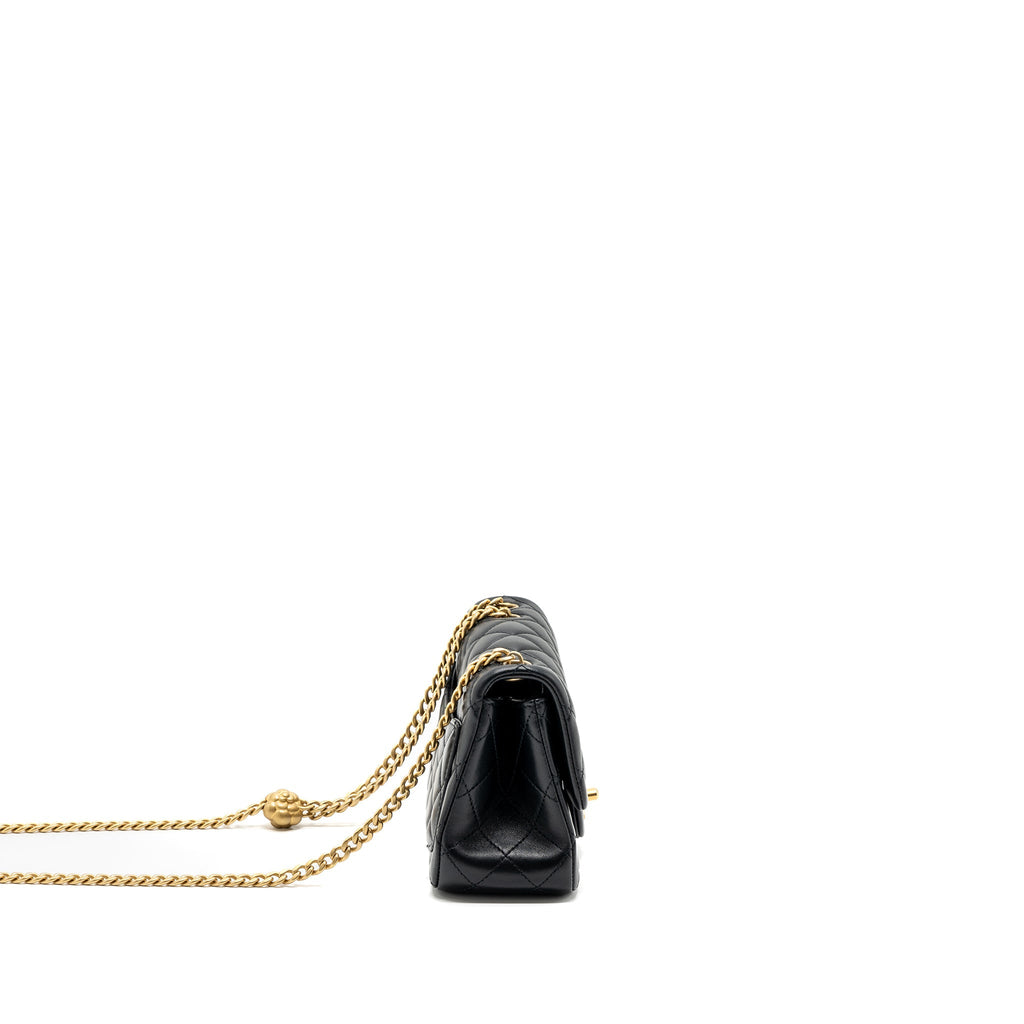 CHANEL CAMELLIA ADJUSTABLE CHAIN MINI SQUARE FLAP BAG LAMBSKIN BLACK GHW (MICROCHIP)