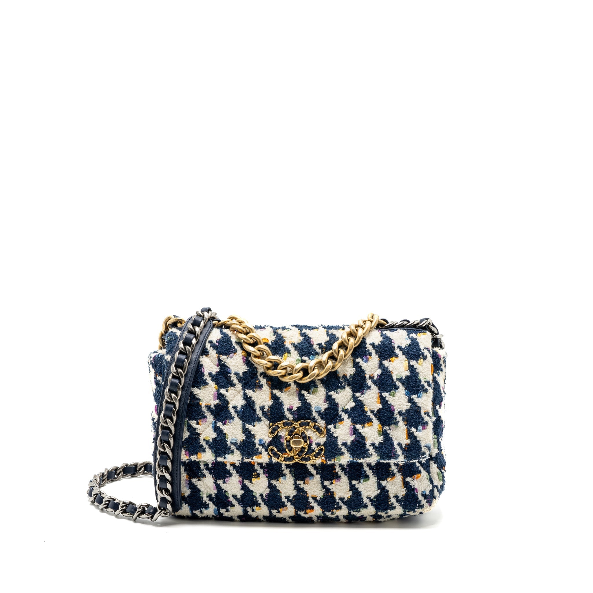 CHANEL SMALL 19 BAG FABRIC MULTICOLOUR BLUE / WHITE MULTICOLOUR HARDWARE