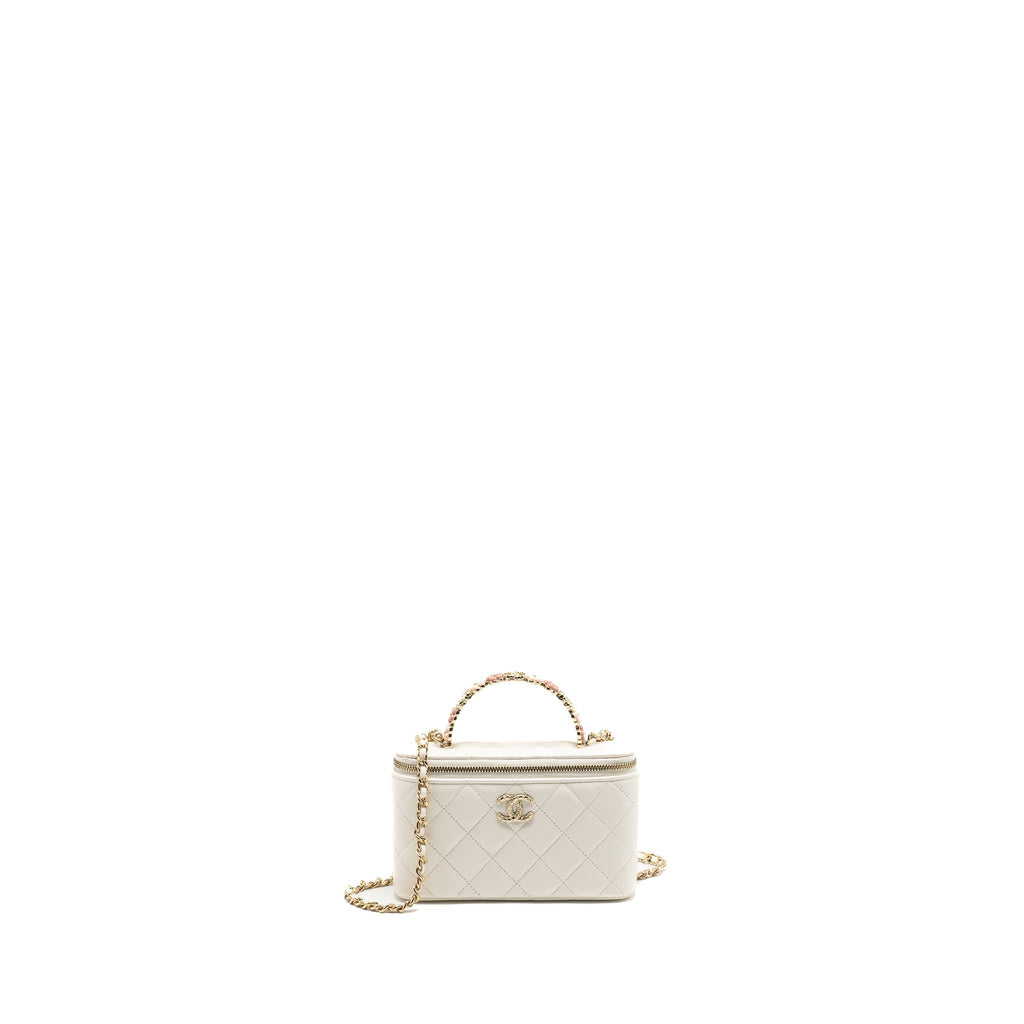 CHANEL 23K CAMELLIA TOP HANDLE LONG VANITY CASE WITH CHAIN CALFSKIN WHITE LGHW (MICROCHIP)