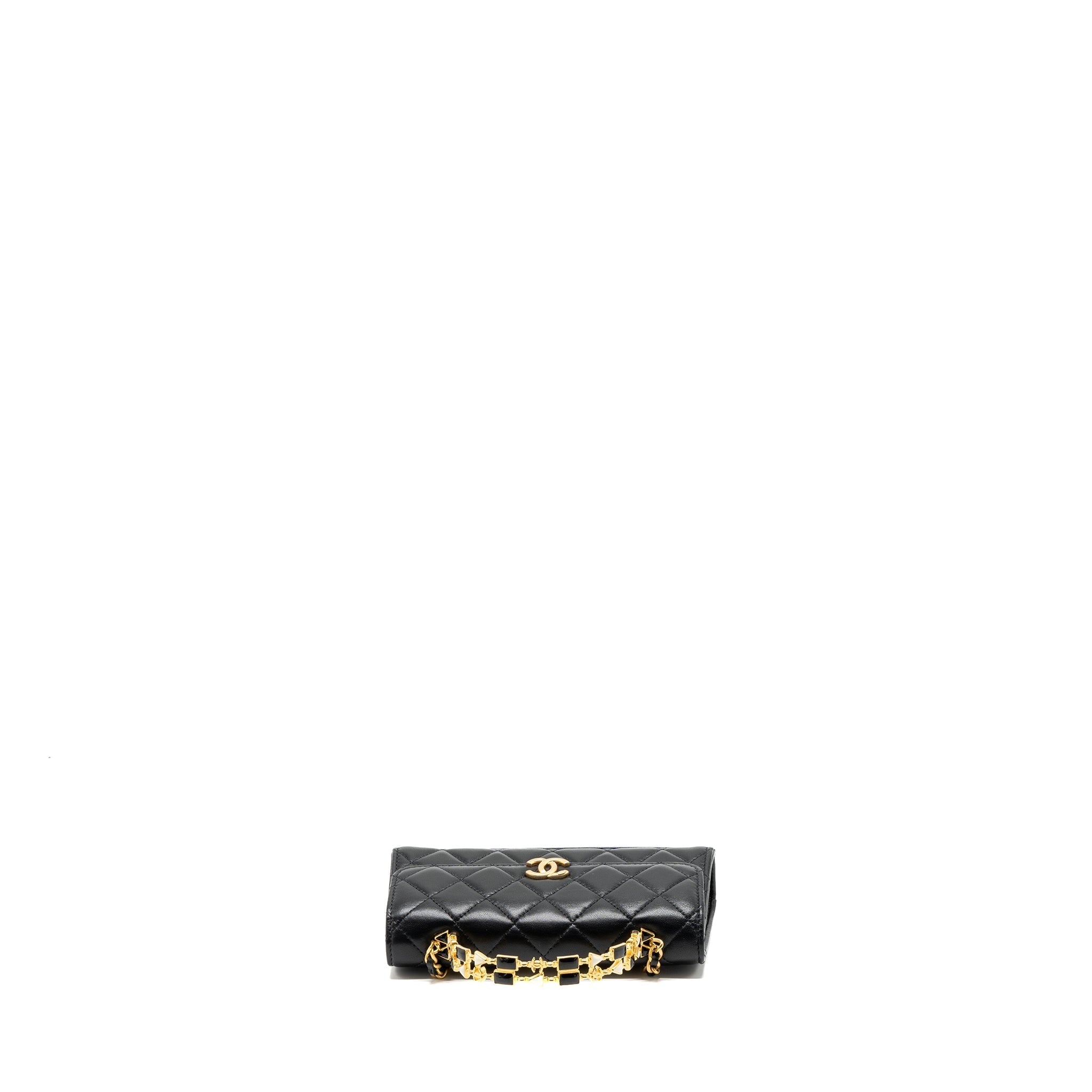 CHANEL 22B FLAP BAG WITH ENAMEL TOP HANDLE LAMBSKIN BLACK GHW (MICROCHIP)
