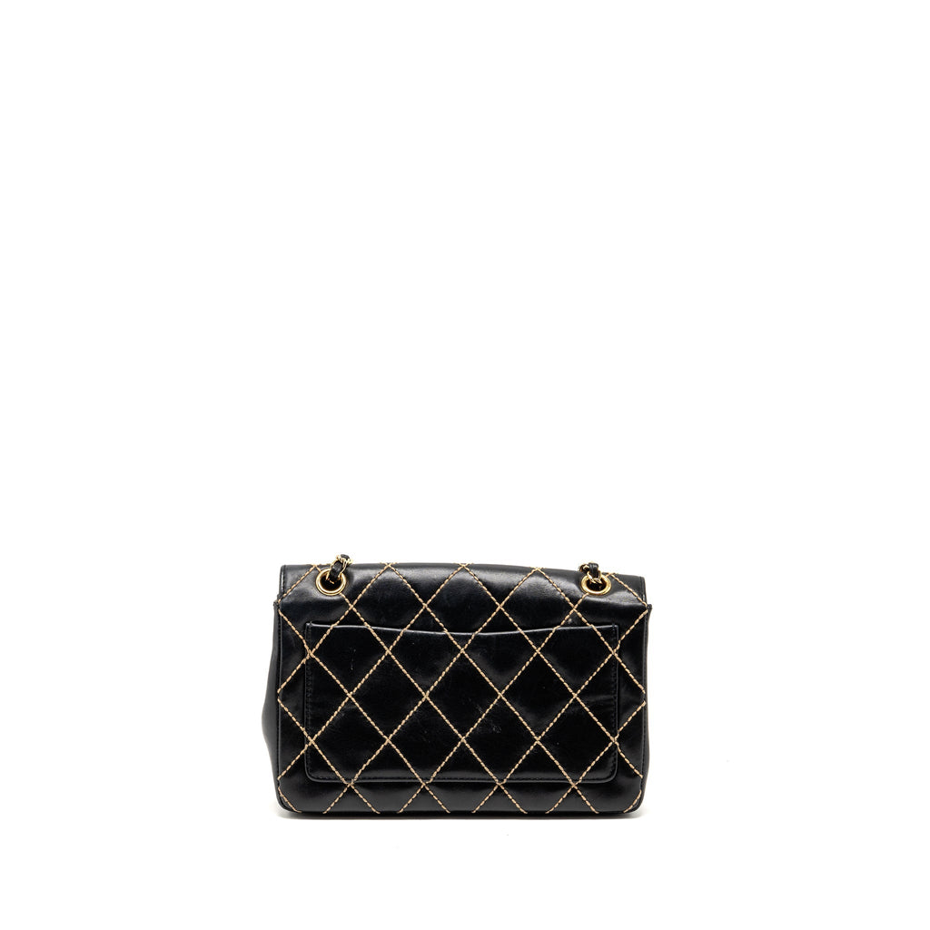 CHANEL VINTAGE QUILTED FLAP BAG LAMBSKIN BLACK WITH WHITE STITCHING GHW