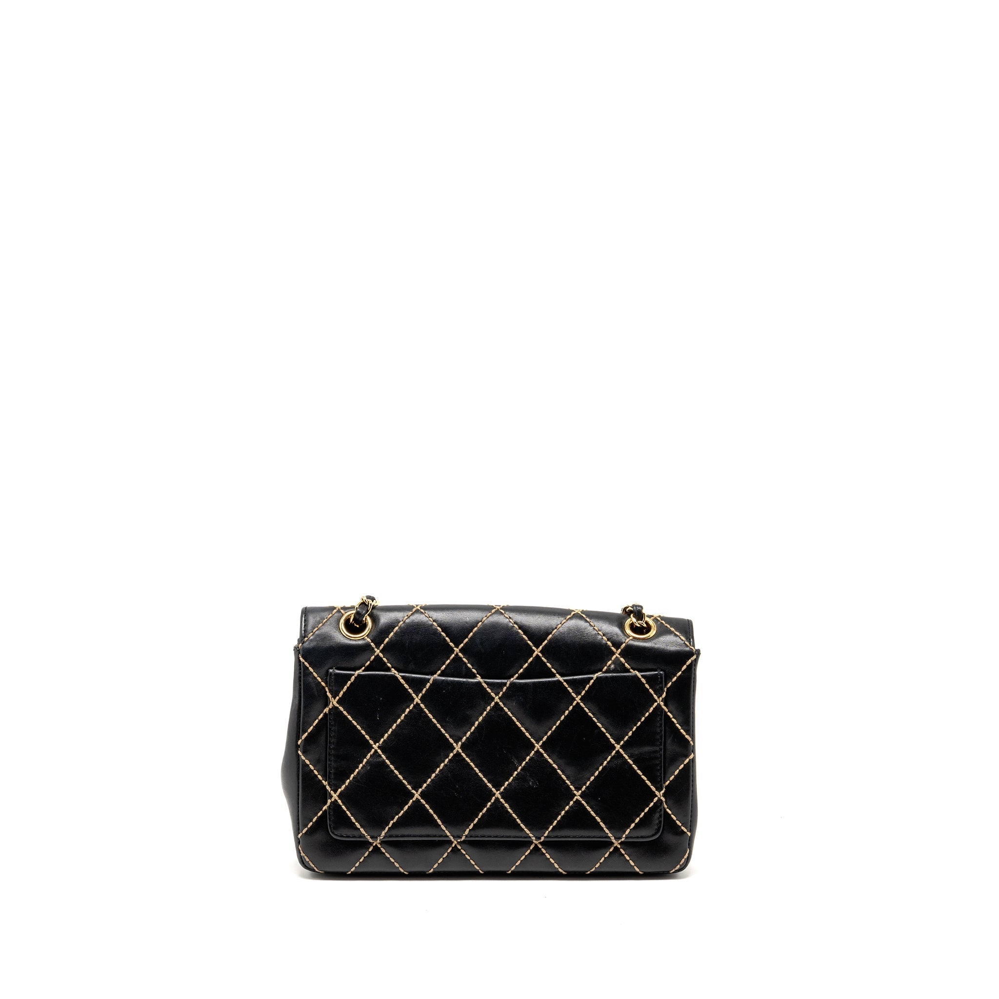 CHANEL VINTAGE QUILTED FLAP BAG LAMBSKIN BLACK WITH WHITE STITCHING GHW