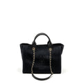 CHANEL SMALL DEAUVILLE SHOPPING TOTE BAG CALFSKIN/FABRIC BLACK LGHW (MICROCHIP)