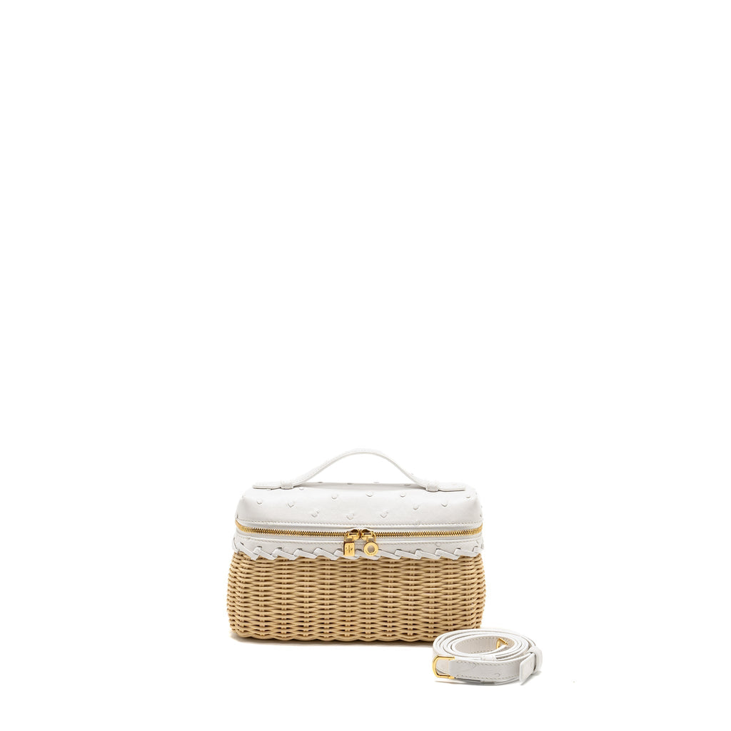 LORO PIANA EXTRA POCKET L19 EAST-WEST RAFFIA OSTRICH WHITE GHW