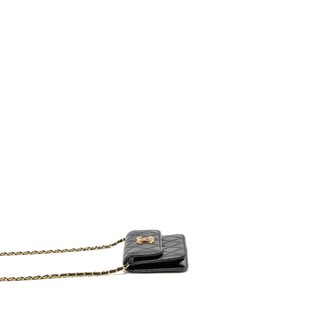 CHANEL ZIRCONIUM FLAP CLUTCH/CARD HOLDER WITH CHAIN LAMBSKIN BLACK GHW