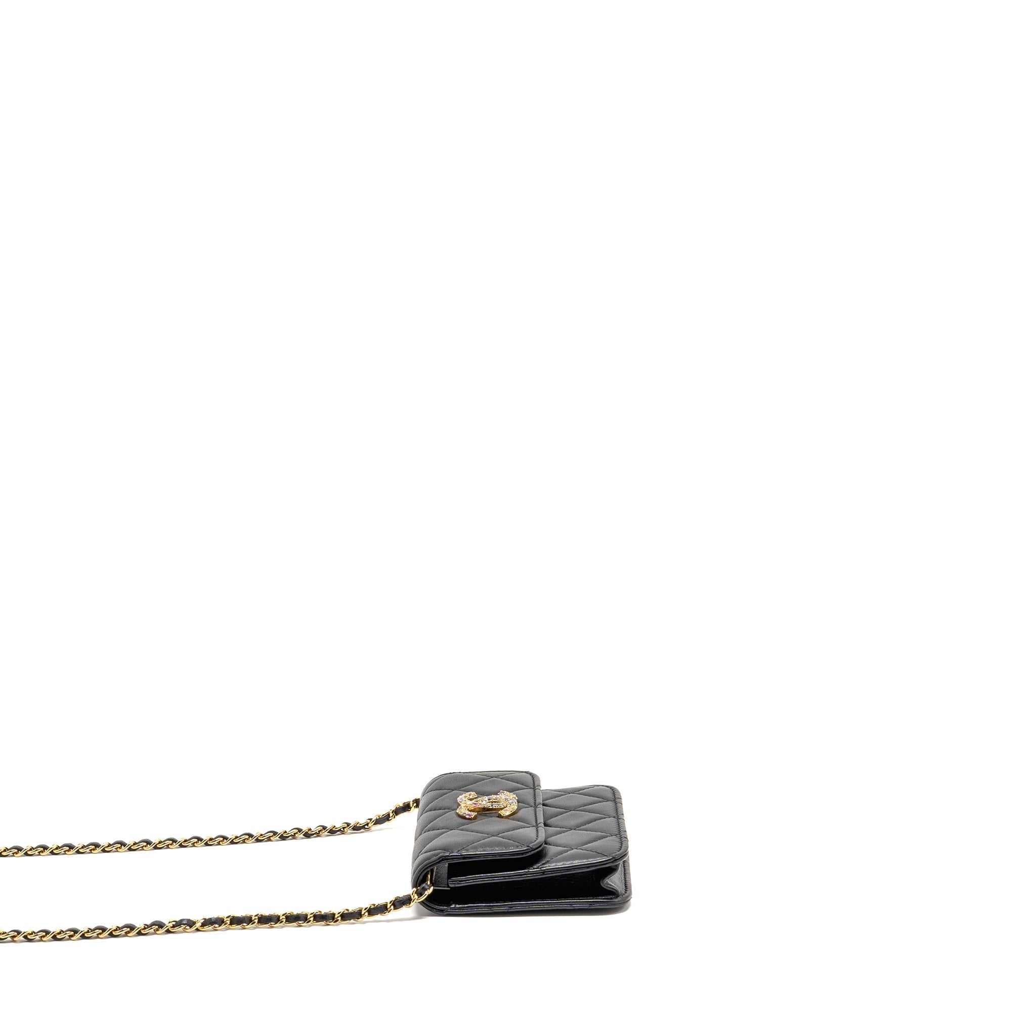 CHANEL ZIRCONIUM FLAP CLUTCH/CARD HOLDER WITH CHAIN LAMBSKIN BLACK GHW