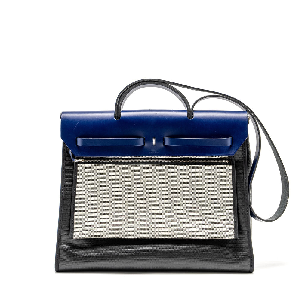 HERMES HERBAG 39 ZIP BAG BERLINE CANVAS / LEATHER BLACK / BLUE SHW
