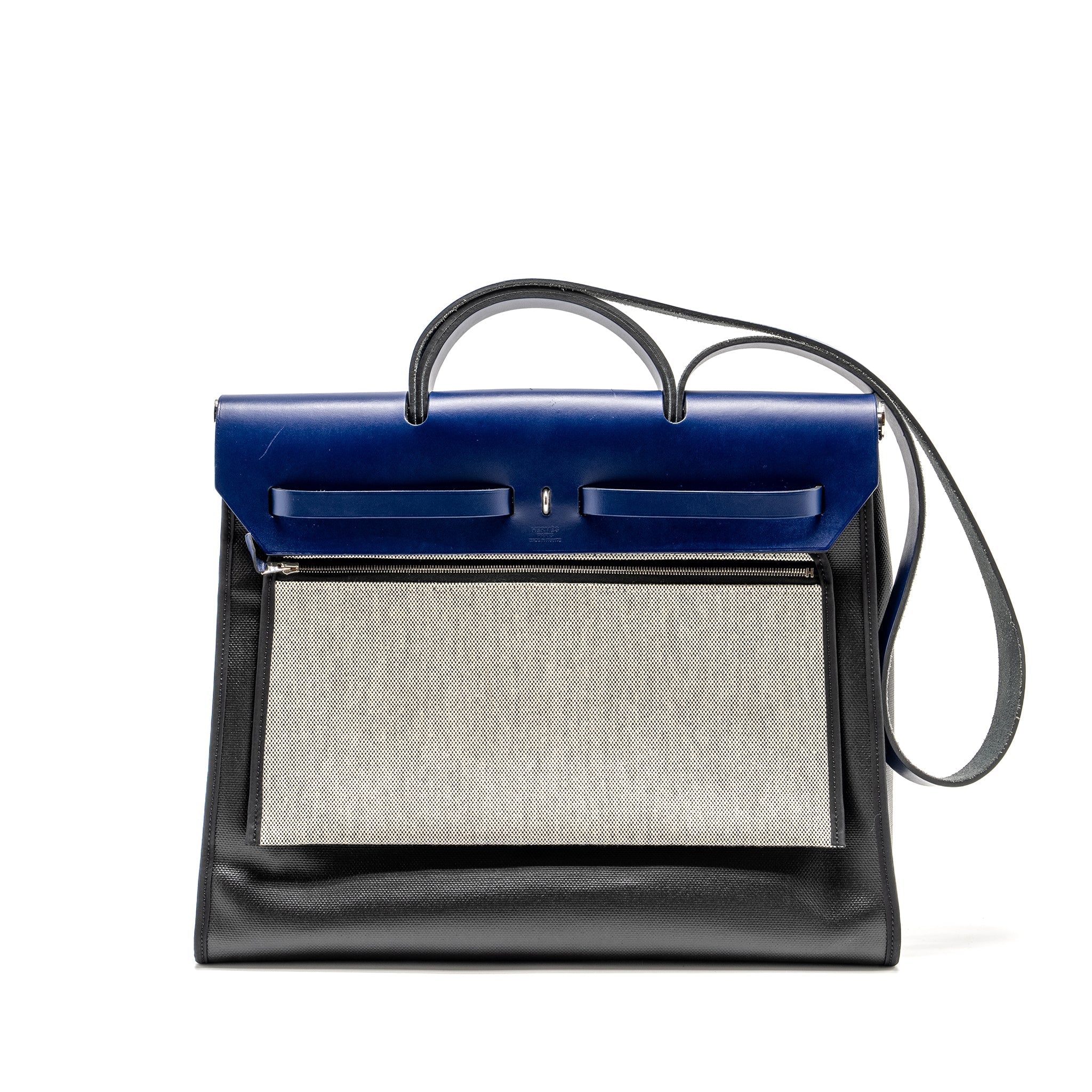 HERMES HERBAG 39 ZIP BAG BERLINE CANVAS / LEATHER BLACK / BLUE SHW