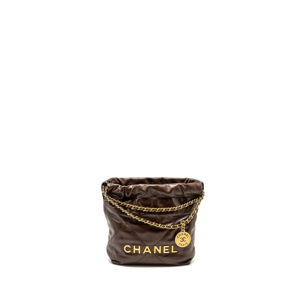 CHANEL MINI 22 BAG SHINY CALFSKIN CHOCOLATE GHW (MICROCHIP)