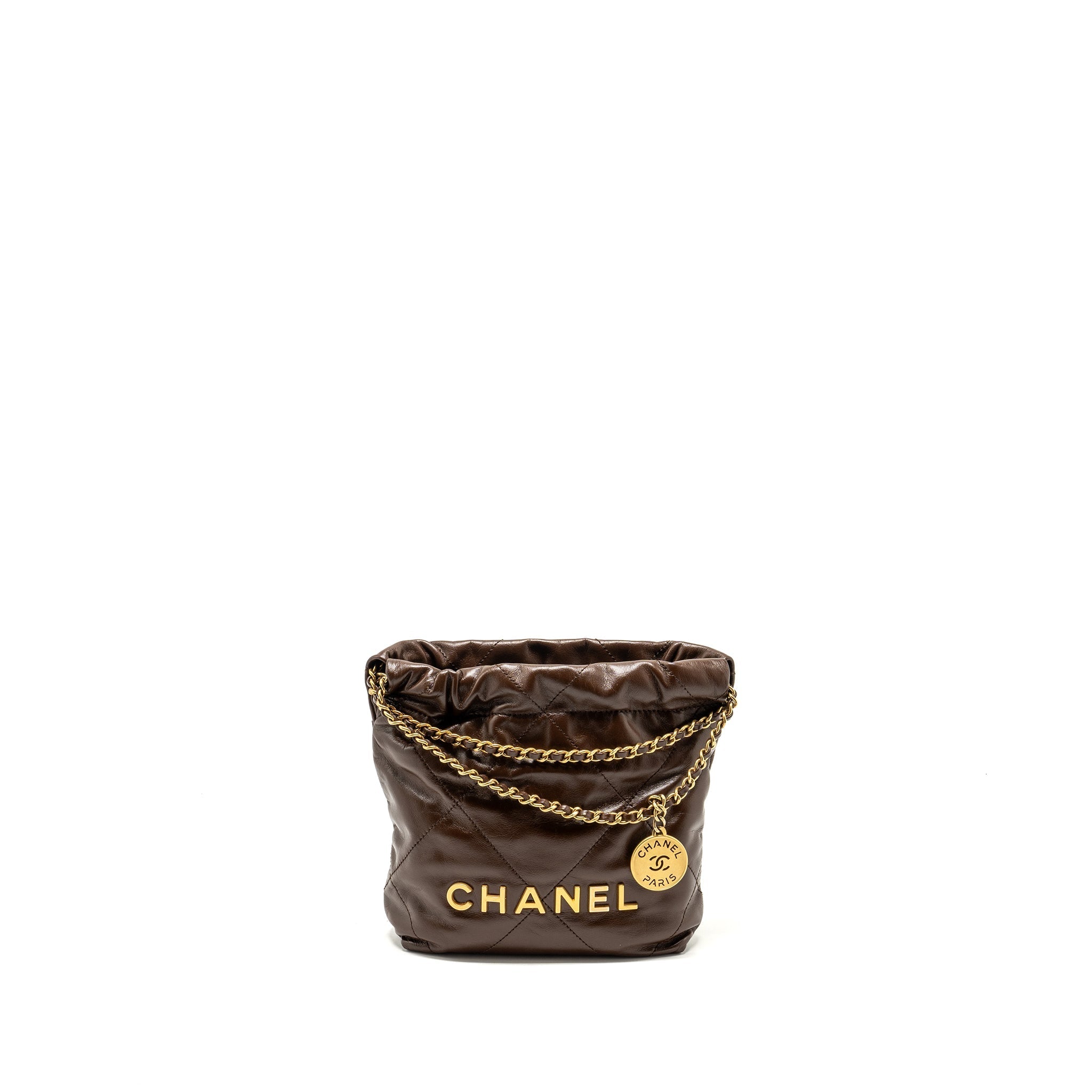 CHANEL MINI 22 BAG SHINY CALFSKIN CHOCOLATE GHW (MICROCHIP)
