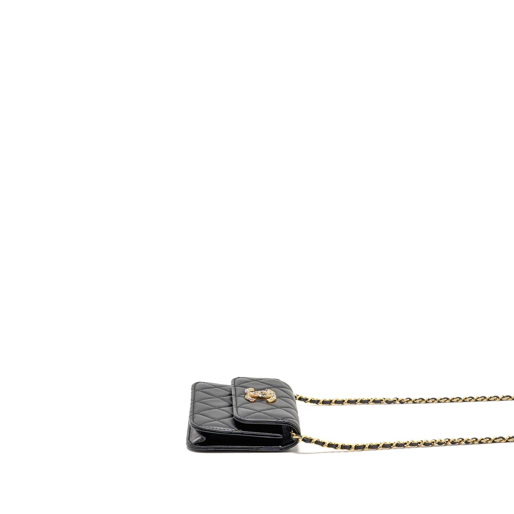 CHANEL ZIRCONIUM FLAP CLUTCH/CARD HOLDER WITH CHAIN LAMBSKIN BLACK GHW