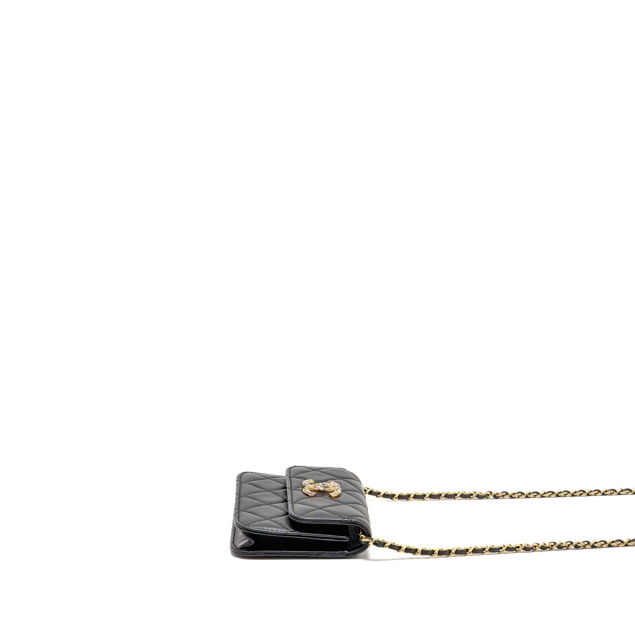 CHANEL ZIRCONIUM FLAP CLUTCH/CARD HOLDER WITH CHAIN LAMBSKIN BLACK GHW