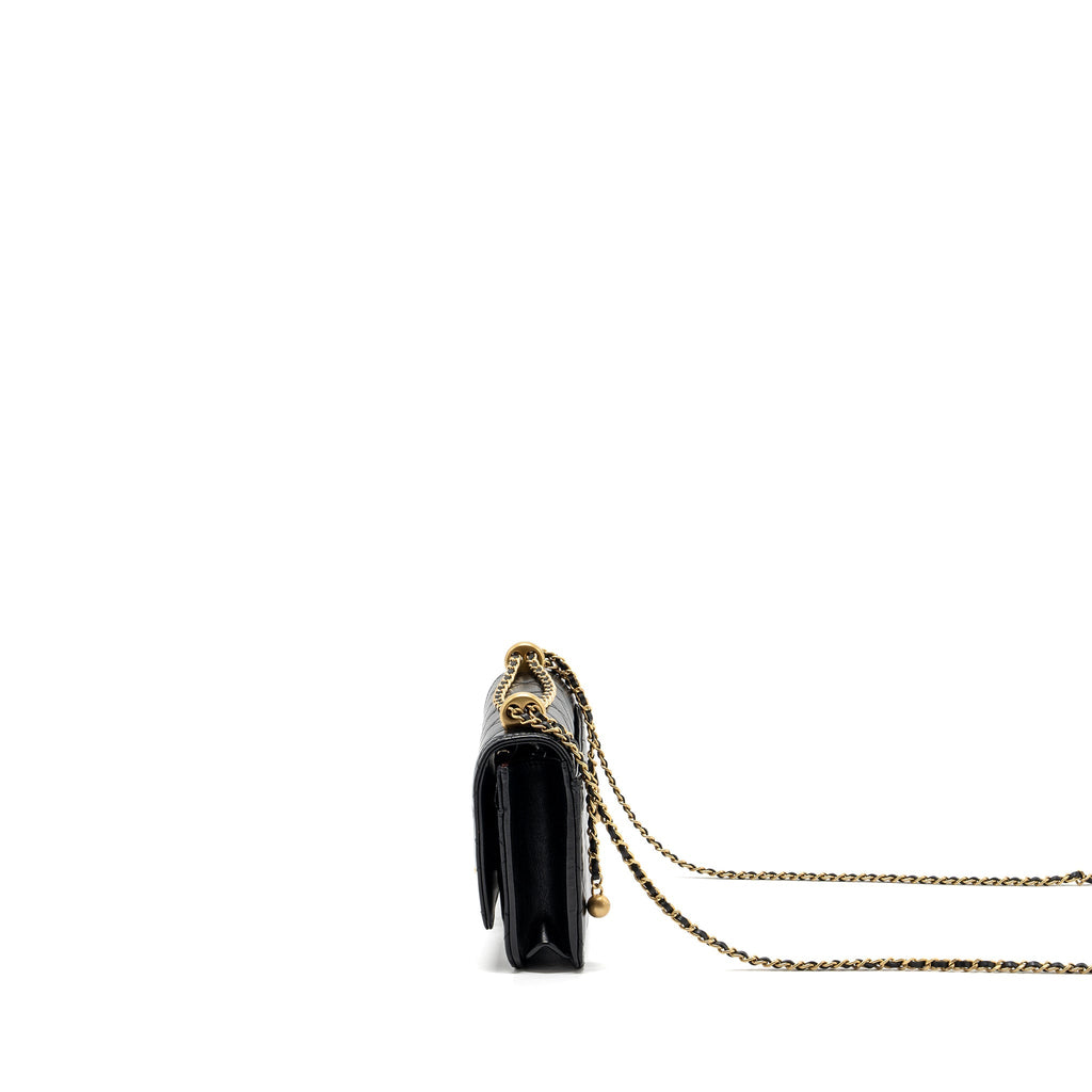 CHANEL 24C GOLD CRUSH WALLET ON CHAIN CALFSKIN BLACK GHW (MICROCHIP)
