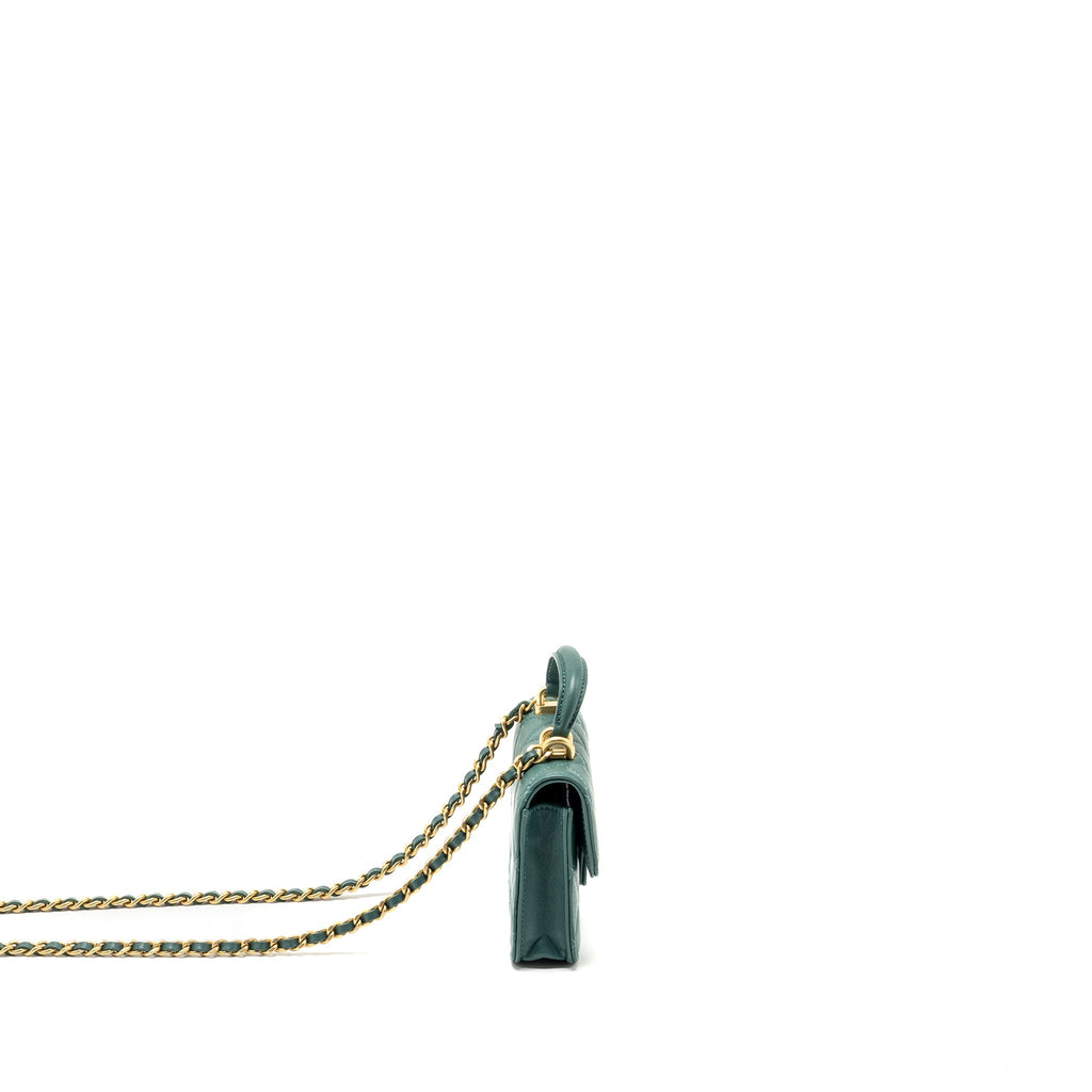 CHANEL TOP HANDLE MINI FLAP BAG WITH CHAIN LAMBSKIN GREEN GHW