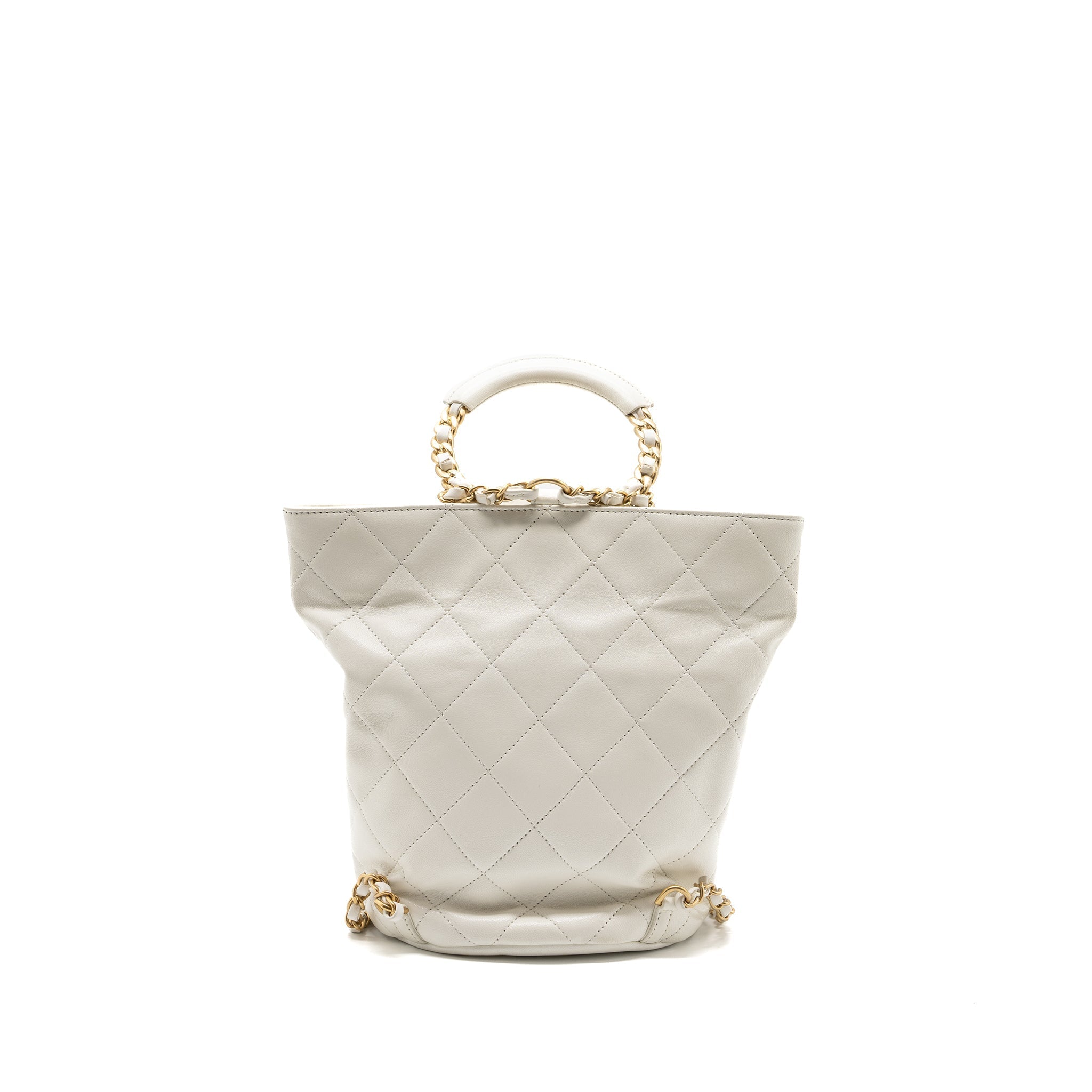 CHANEL ROUND HANDLE BUCKET BACKPACK LAMBSKIN WHITE GHW