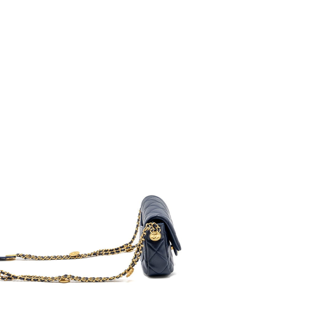 CHANEL 22A BUTTON ON CHAIN MINI SQUARE FLAP BAG CAVIAR NAVY GHW (MICROCHIP)