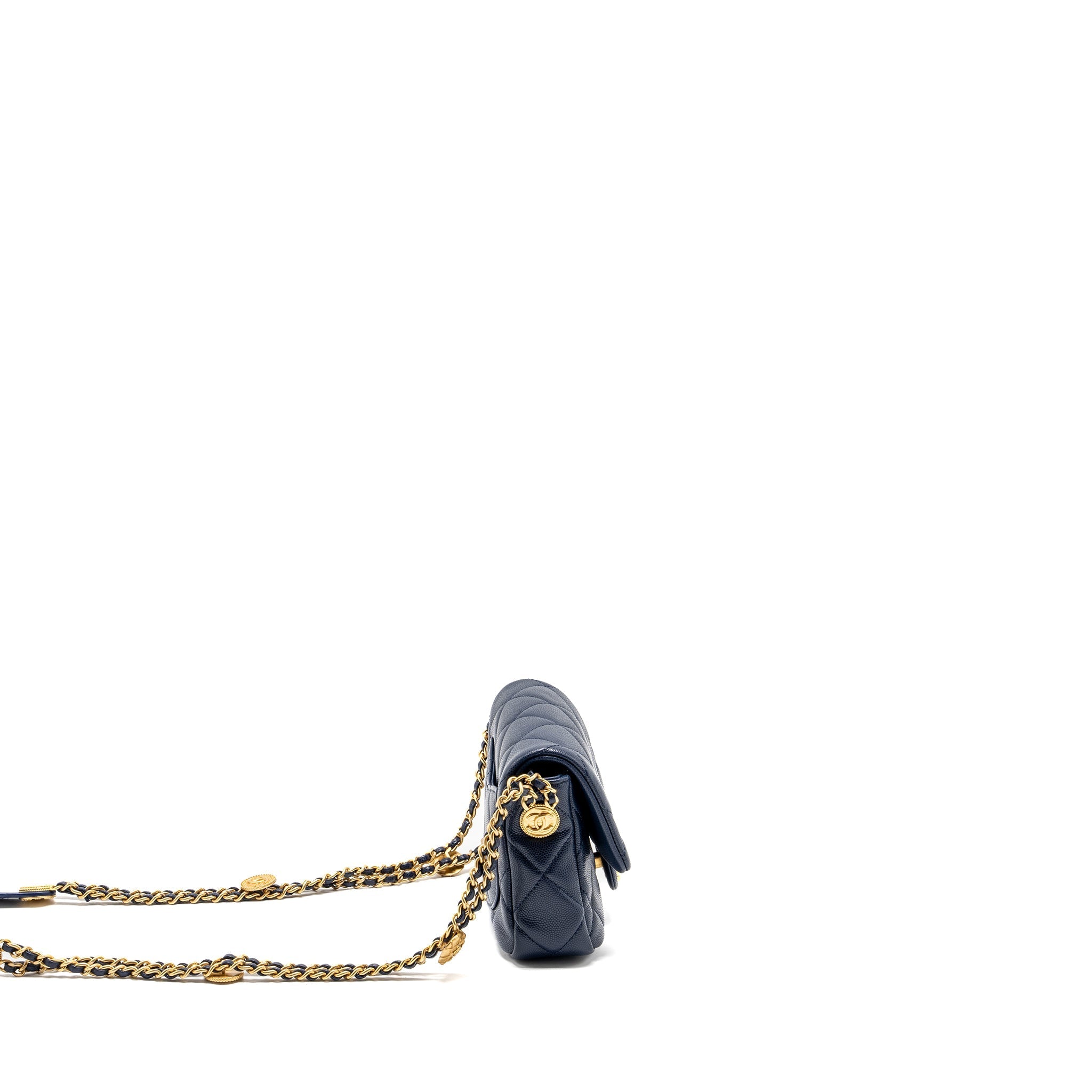 CHANEL 22A BUTTON ON CHAIN MINI SQUARE FLAP BAG CAVIAR NAVY GHW (MICROCHIP)