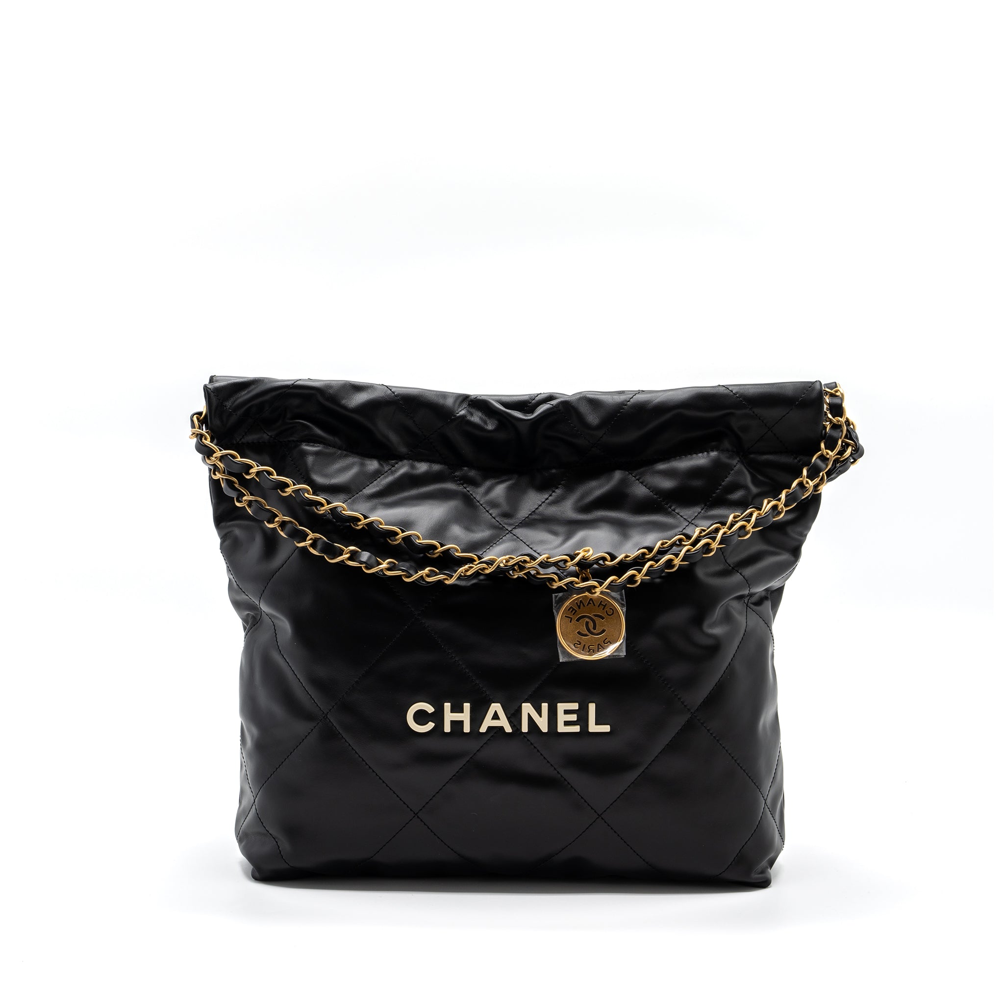 CHANEL SMALL 22 BAG CALFSKIN BLACK / WHITE LETTER GHW (MICROCHIP)