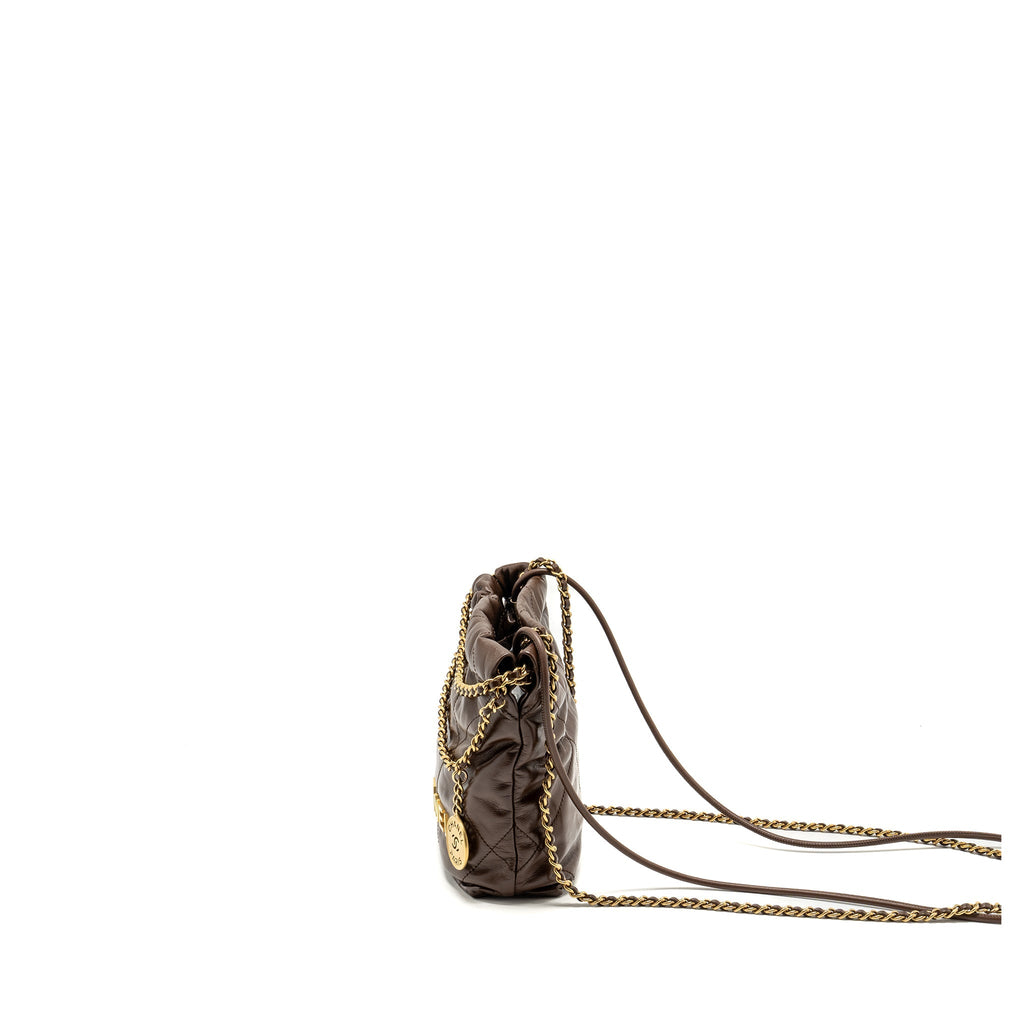 CHANEL MINI 22 BAG SHINY CALFSKIN CHOCOLATE GHW (MICROCHIP)