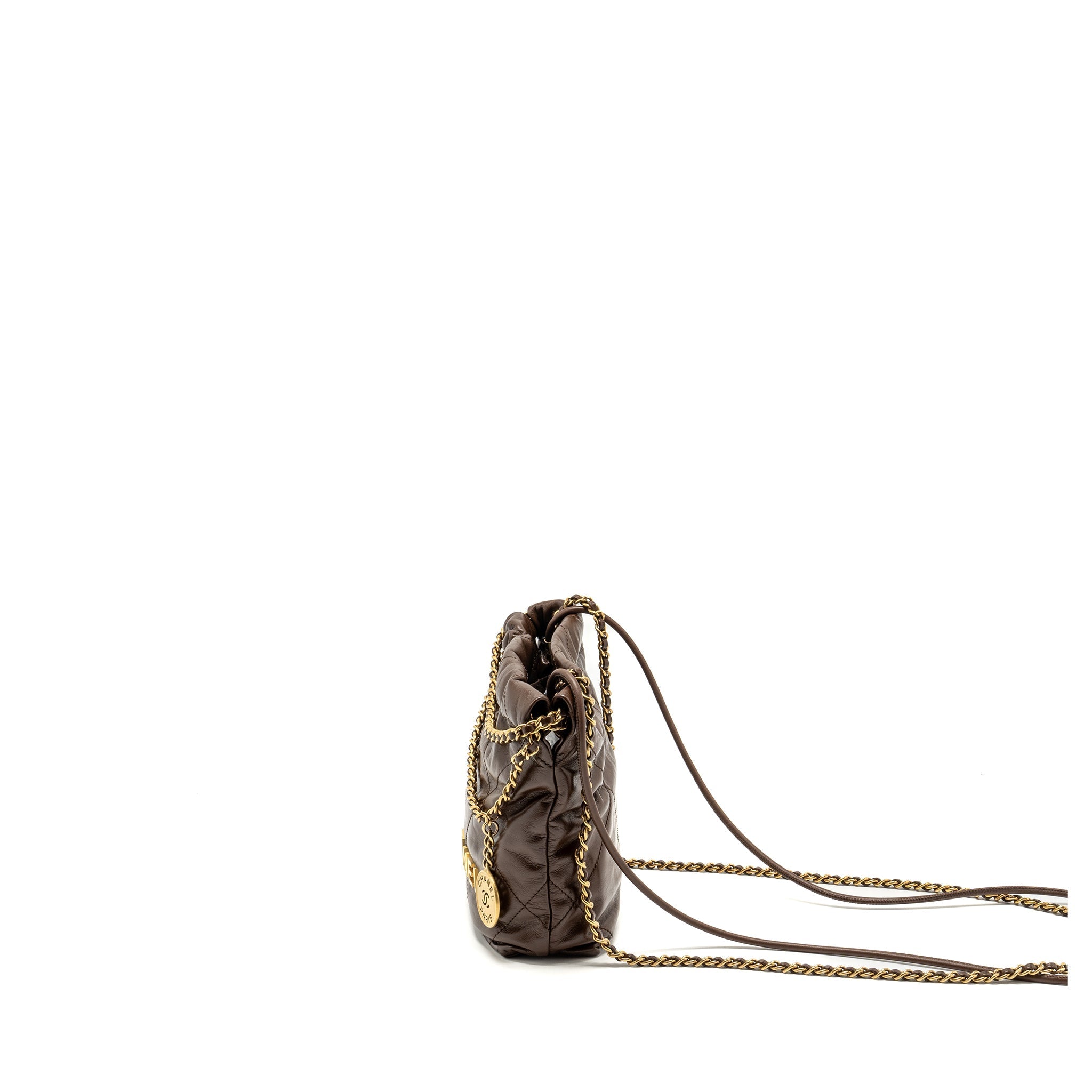 CHANEL MINI 22 BAG SHINY CALFSKIN CHOCOLATE GHW (MICROCHIP)