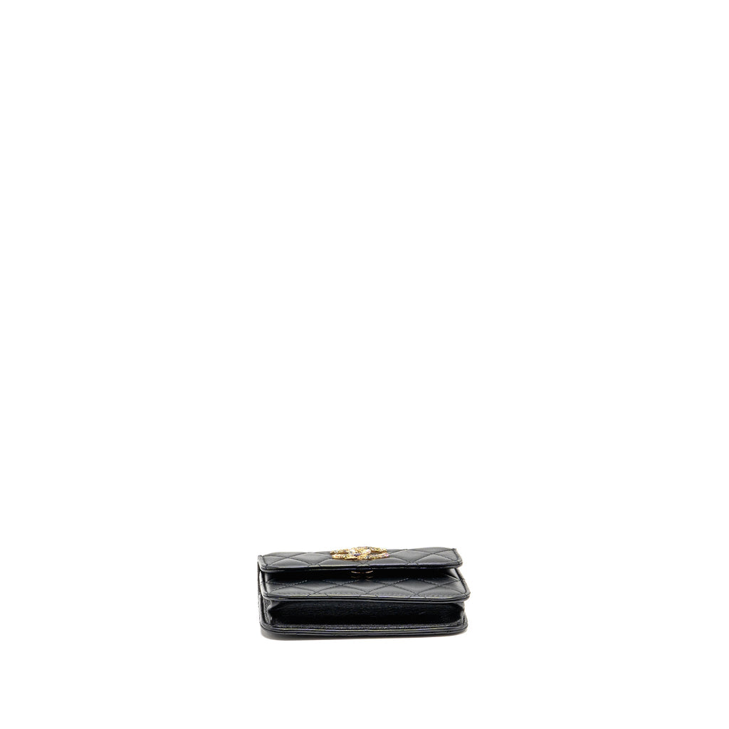 CHANEL ZIRCONIUM FLAP CLUTCH/CARD HOLDER WITH CHAIN LAMBSKIN BLACK GHW