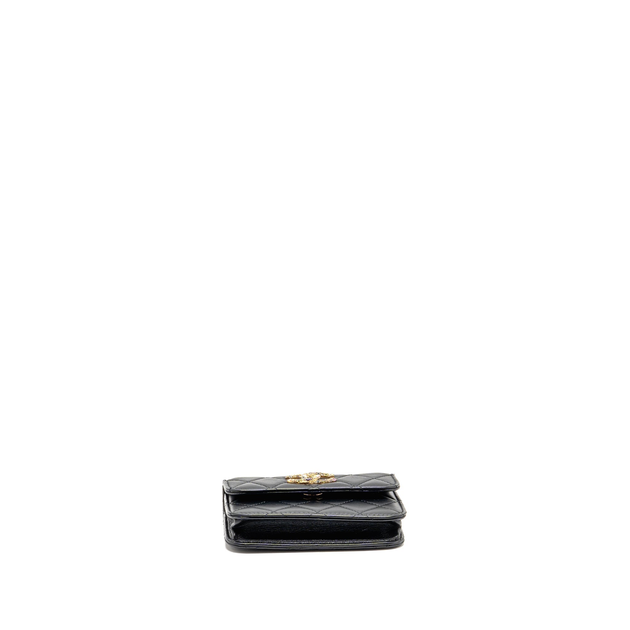 CHANEL ZIRCONIUM FLAP CLUTCH/CARD HOLDER WITH CHAIN LAMBSKIN BLACK GHW
