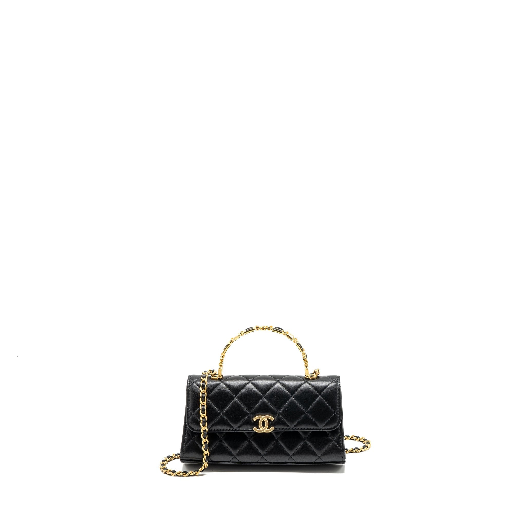 CHANEL 22B FLAP BAG WITH ENAMEL TOP HANDLE LAMBSKIN BLACK GHW (MICROCHIP)