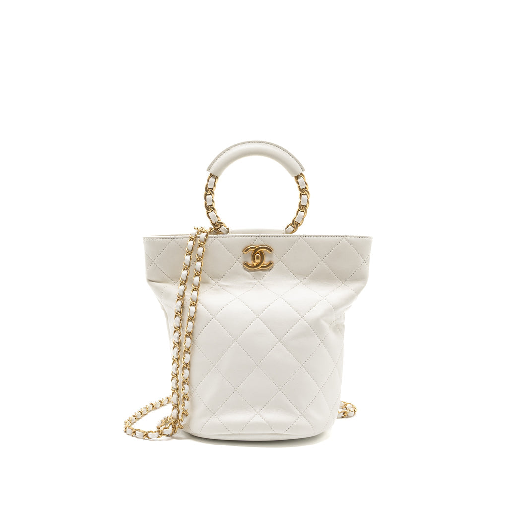 CHANEL ROUND HANDLE BUCKET BACKPACK LAMBSKIN WHITE GHW