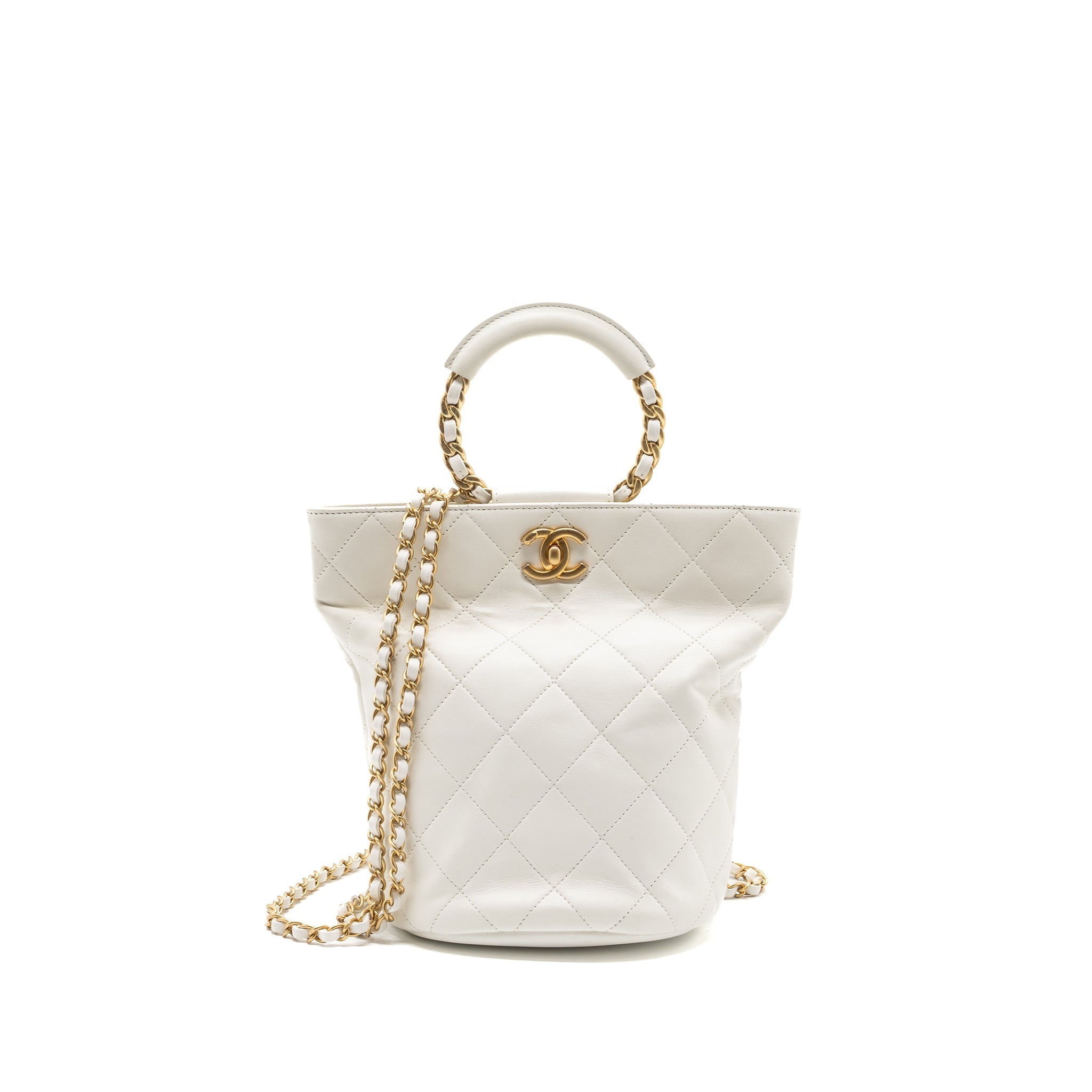CHANEL ROUND HANDLE BUCKET BACKPACK LAMBSKIN WHITE GHW