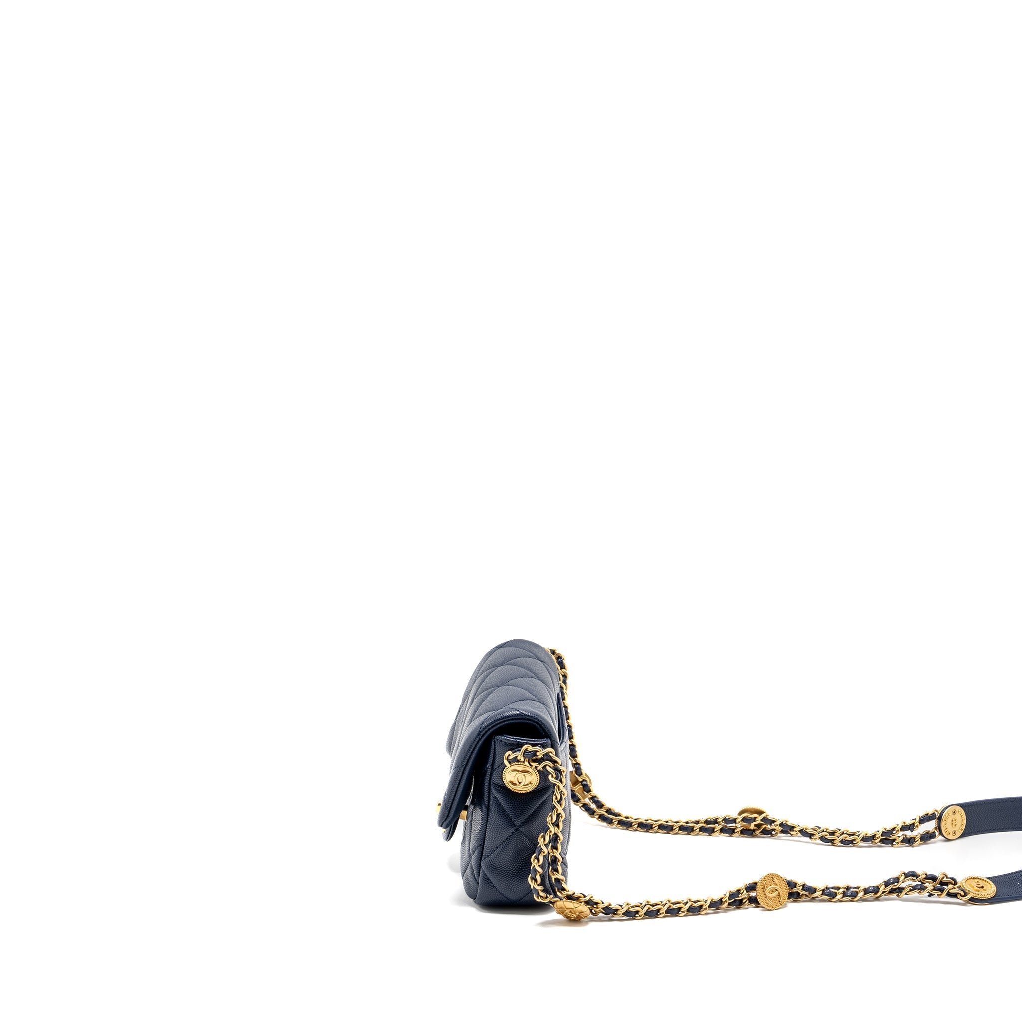 CHANEL 22A BUTTON ON CHAIN MINI SQUARE FLAP BAG CAVIAR NAVY GHW (MICROCHIP)
