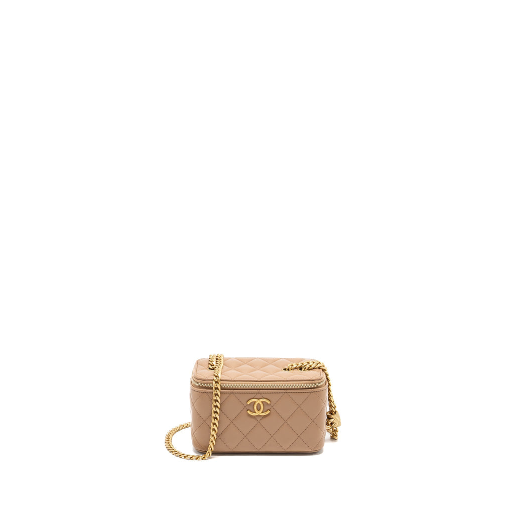 CHANEL GOLD PILLAR LONG VANITY CASE WITH ADJUSTABLE CHAIN LAMBSKIN DARK BEIGE GHW (MICROCHIP)