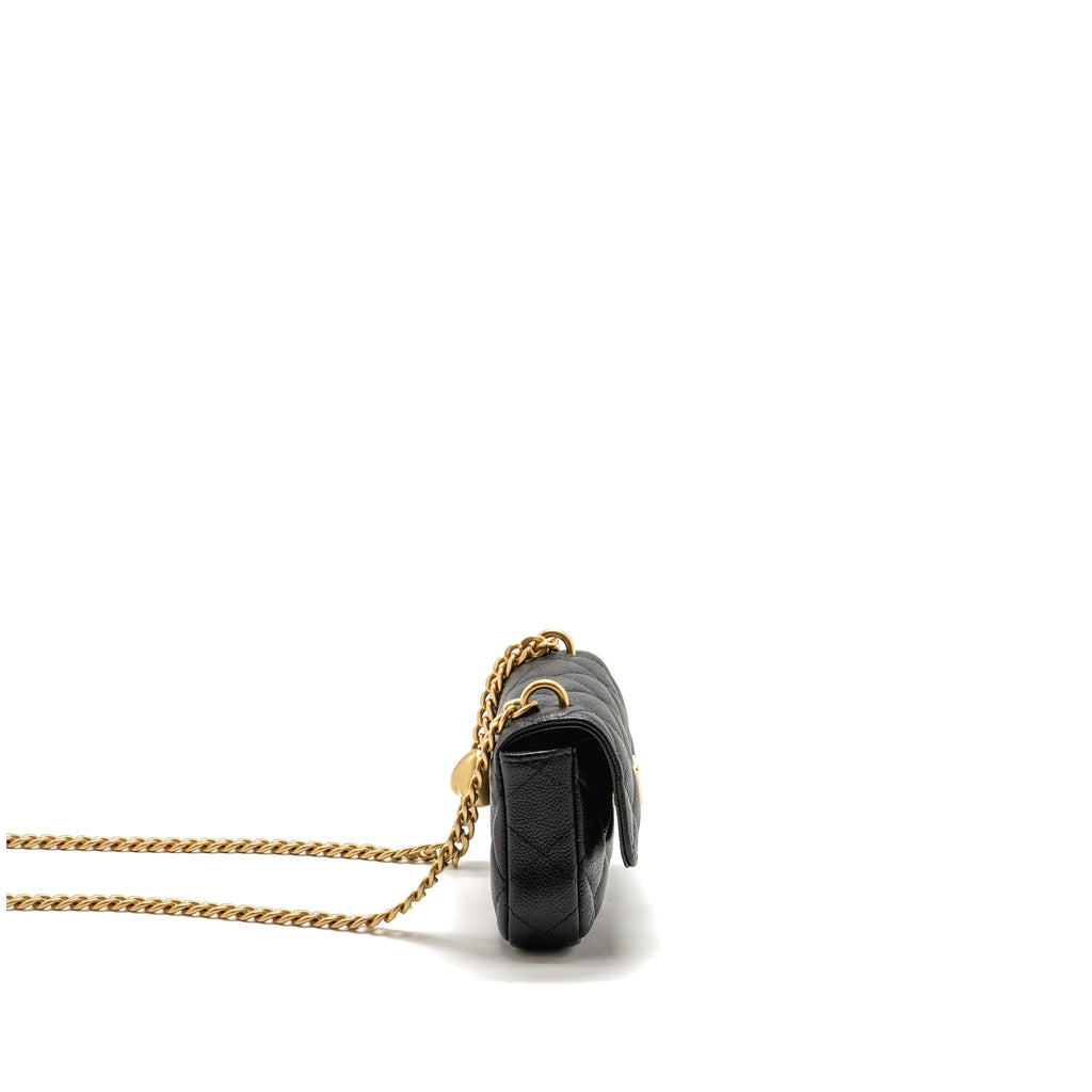 CHANEL COCO LOVE MINI FLAP WALLET WITH CHAIN CAVIAR BLACK GHW (MICROCHIP)