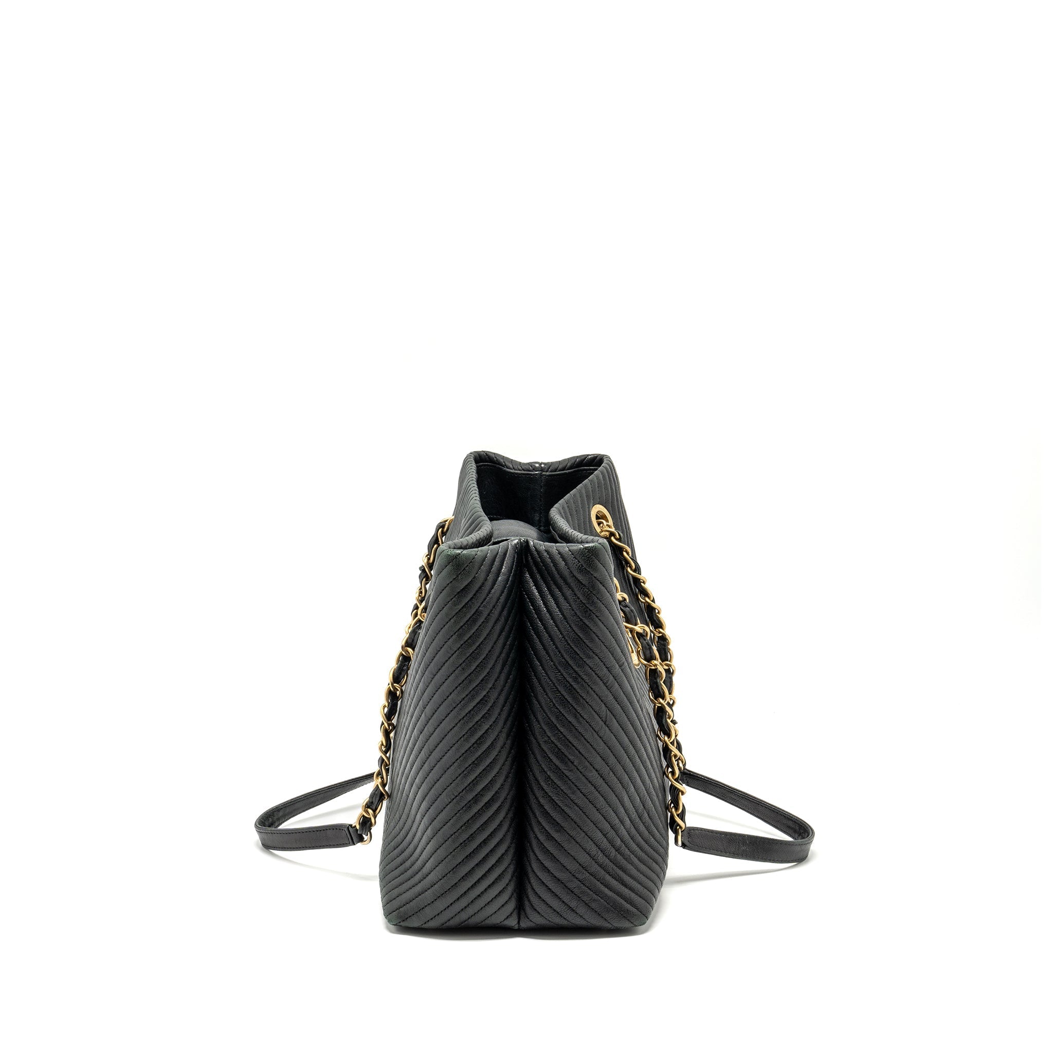 CHANEL CHEVRON SHOPPING TOTE BAG GOATSKIN BLACK GHW