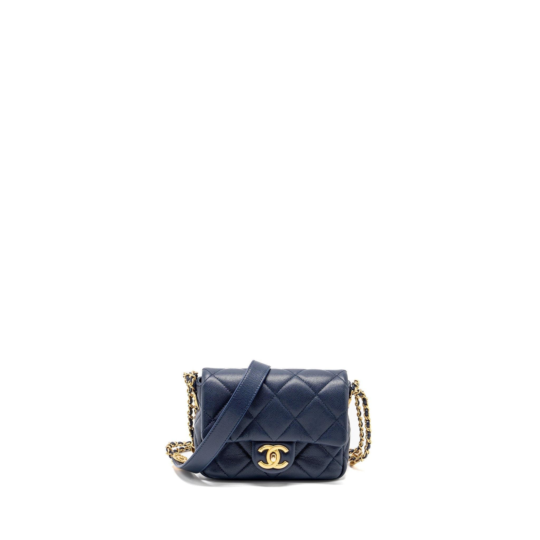 CHANEL 22A BUTTON ON CHAIN MINI SQUARE FLAP BAG CAVIAR NAVY GHW (MICROCHIP)