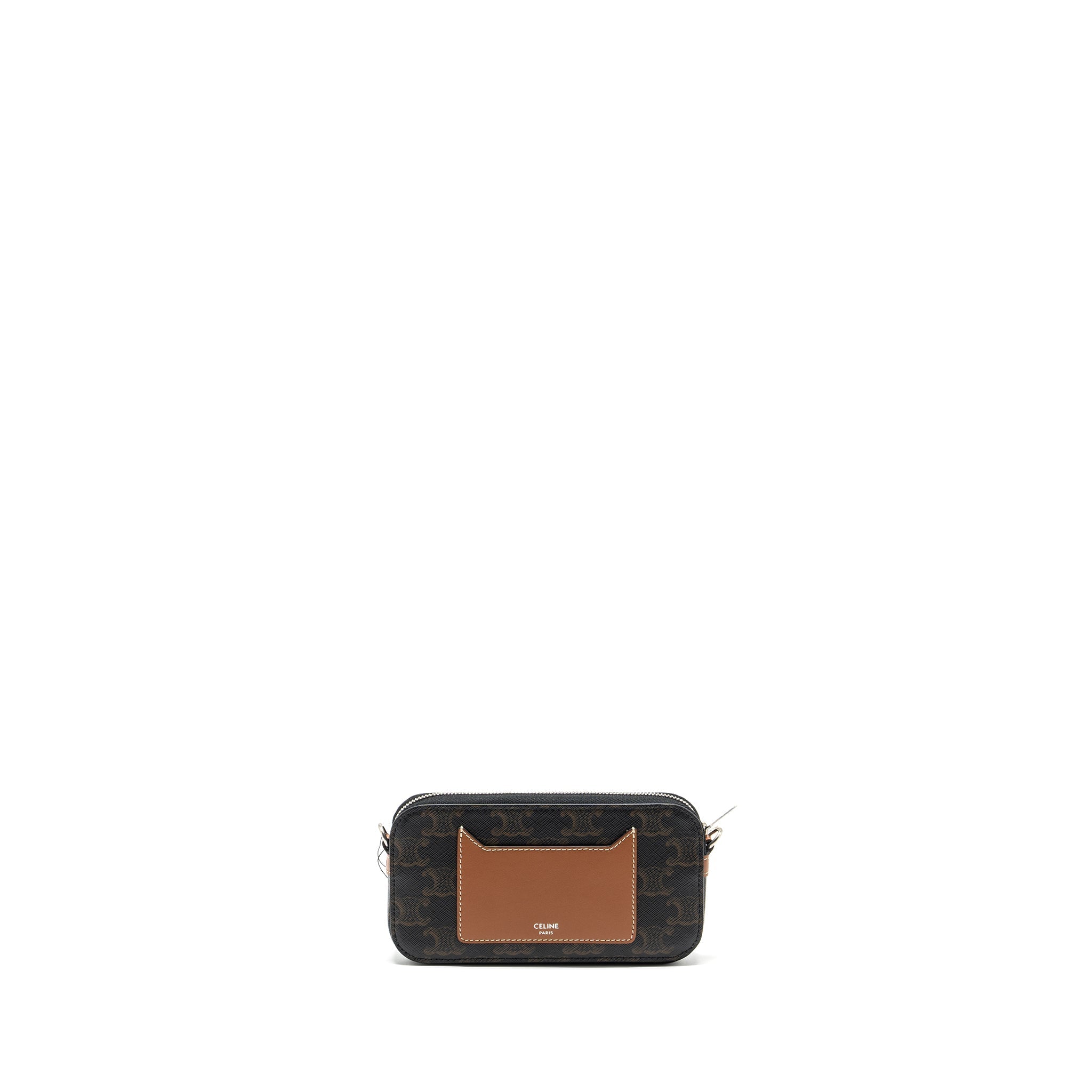 CELINE HORIZONTAL TRIOMPHE LOGO PRINT POUCH COATED CANVAS/LEATHER TAN/BROWN SHW