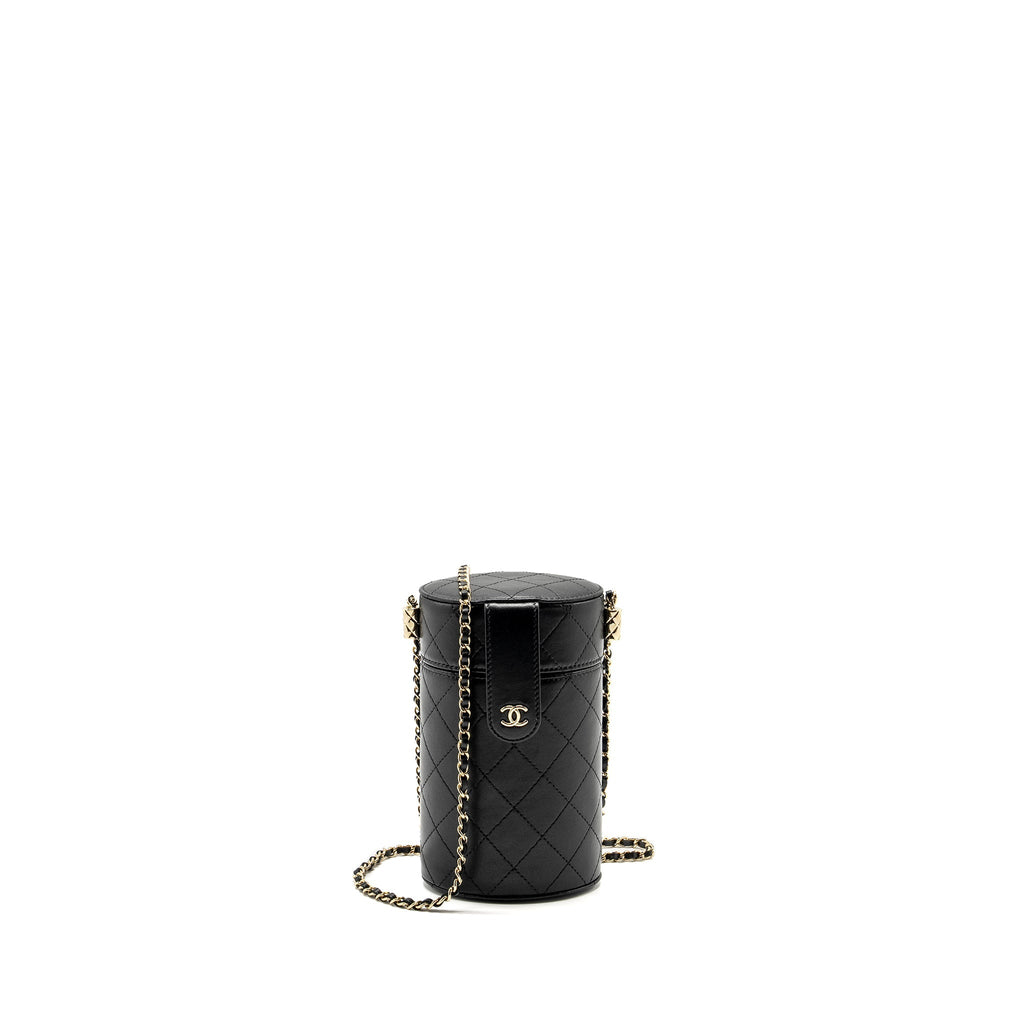CHANEL CC ROUND VANITY CASE WITH CHAIN LAMBSKIN BLACK LGHW
