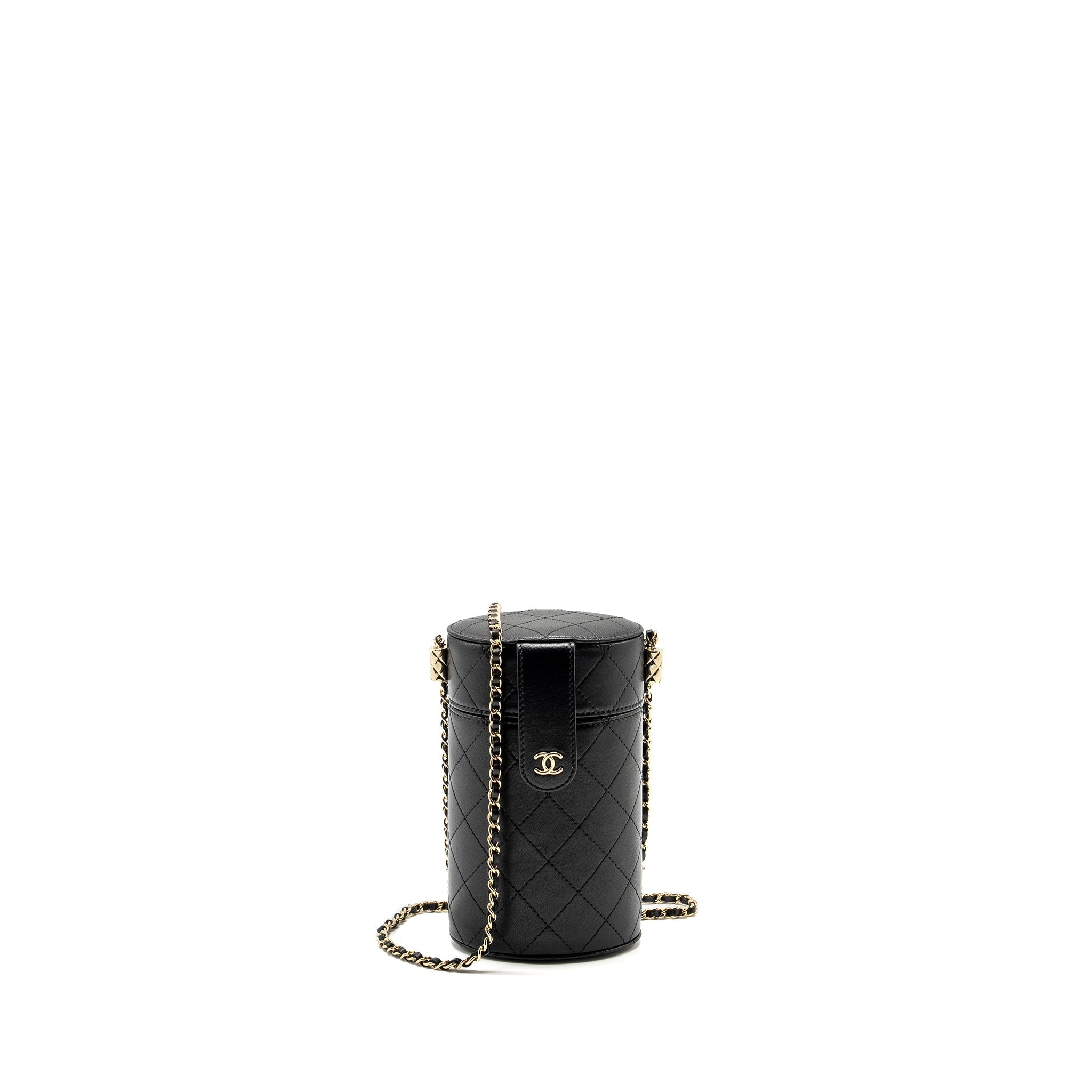 CHANEL CC ROUND VANITY CASE WITH CHAIN LAMBSKIN BLACK LGHW