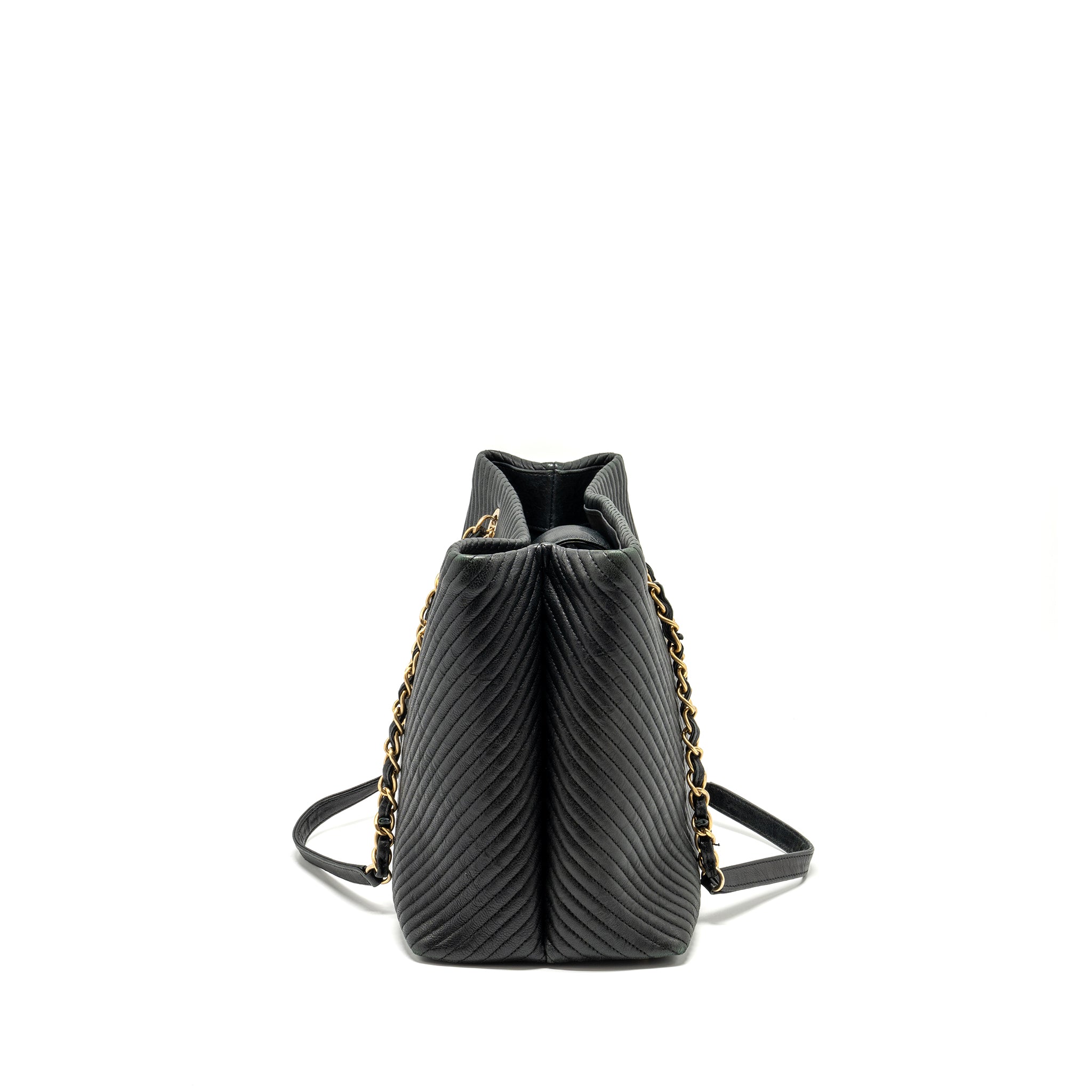 CHANEL CHEVRON SHOPPING TOTE BAG GOATSKIN BLACK GHW