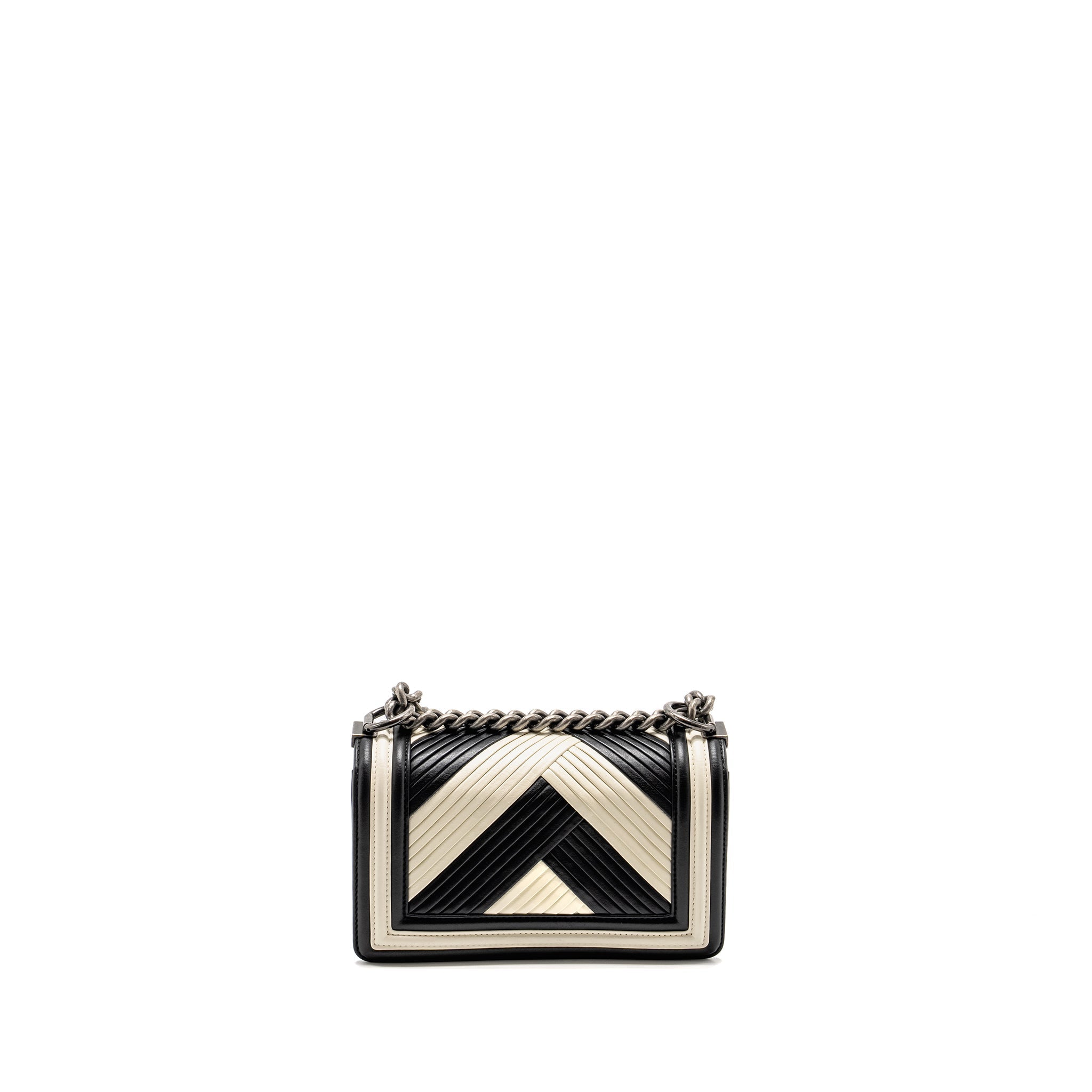 CHANEL SMALL BOY BAG CHEVRON CALFSKIN WHITE/BLACK RUTHENIUM SILVER HARDWARE
