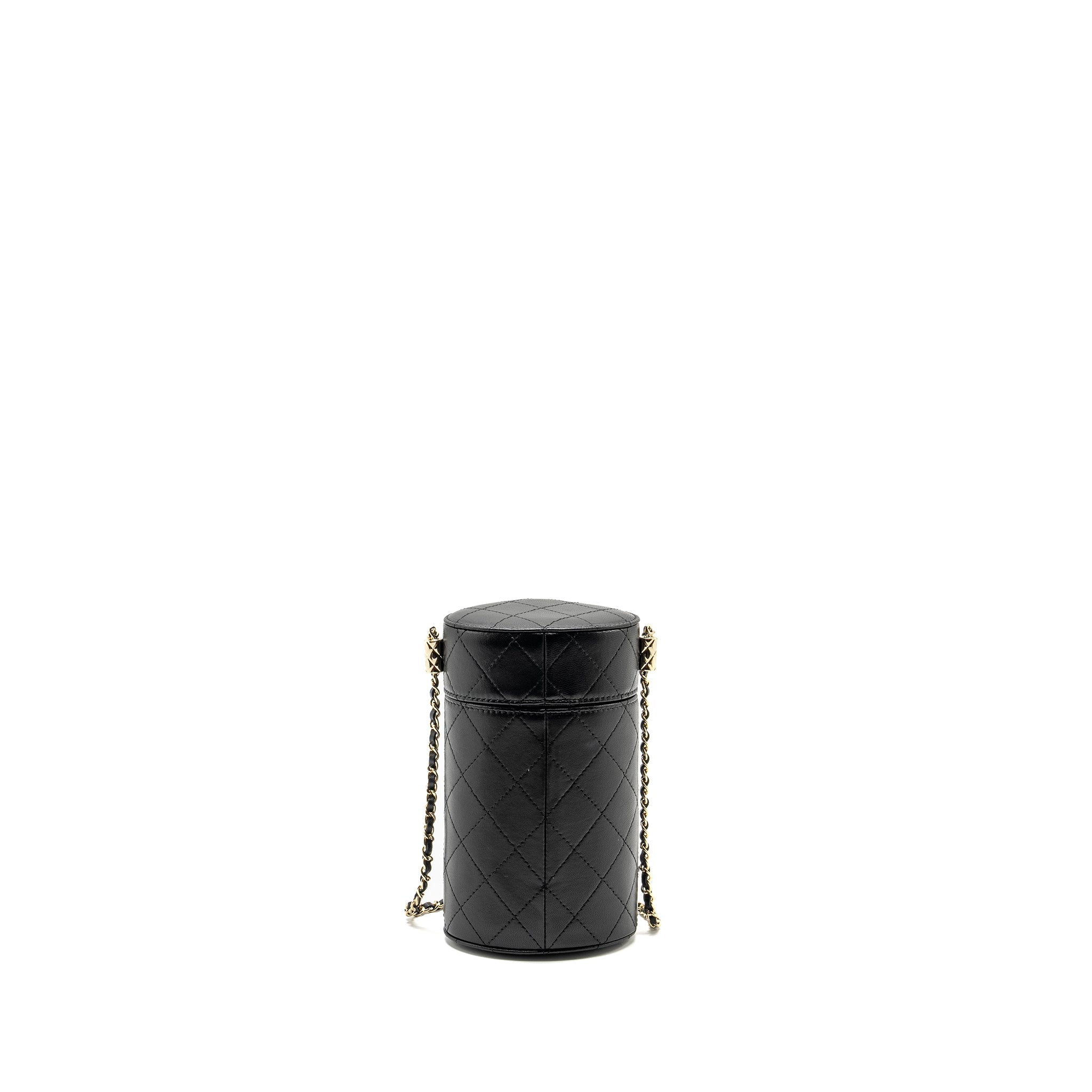 CHANEL CC ROUND VANITY CASE WITH CHAIN LAMBSKIN BLACK LGHW
