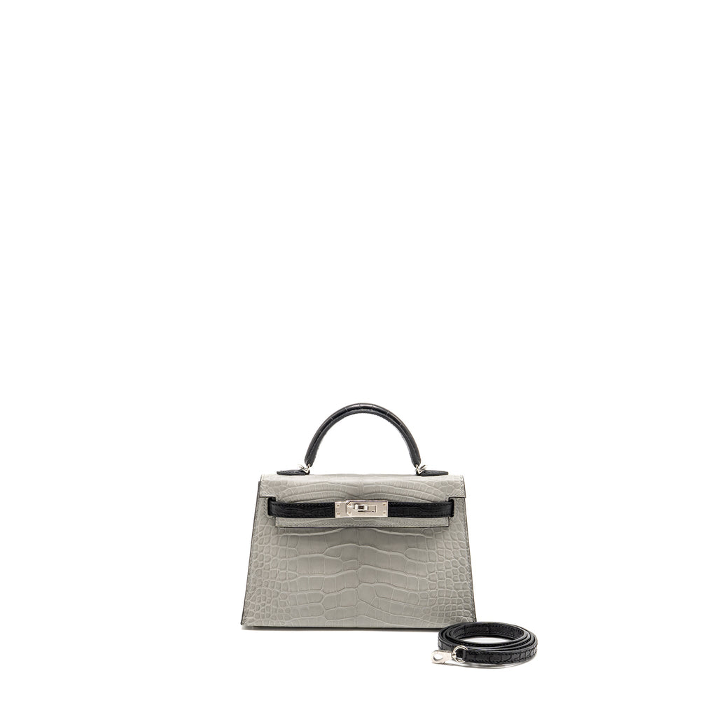 HERMES MINI KELLY II ALLIGATOR MISSISSIPPIENSIS MATT GRIS PERLE / BLACK SHW