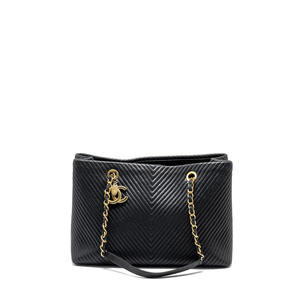 CHANEL CHEVRON SHOPPING TOTE BAG GOATSKIN BLACK GHW