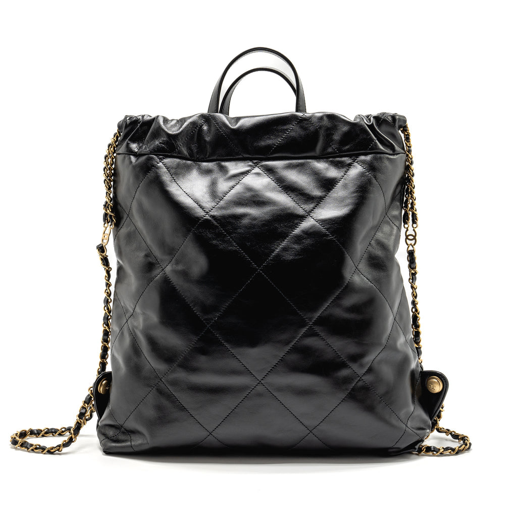 CHANEL LARGE 22 BACKPACK GOLD LETTER LOGO SHINY CALFSKIN BLACK GHW(MICROCHIP)