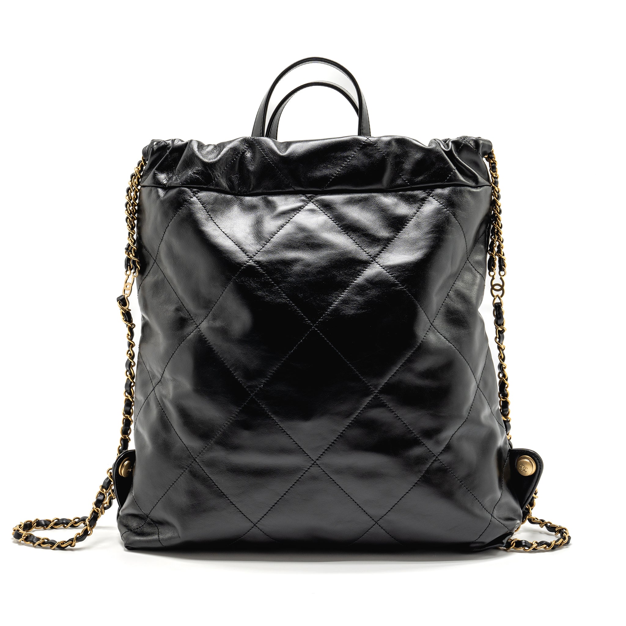 CHANEL LARGE 22 BACKPACK GOLD LETTER LOGO SHINY CALFSKIN BLACK GHW(MICROCHIP)