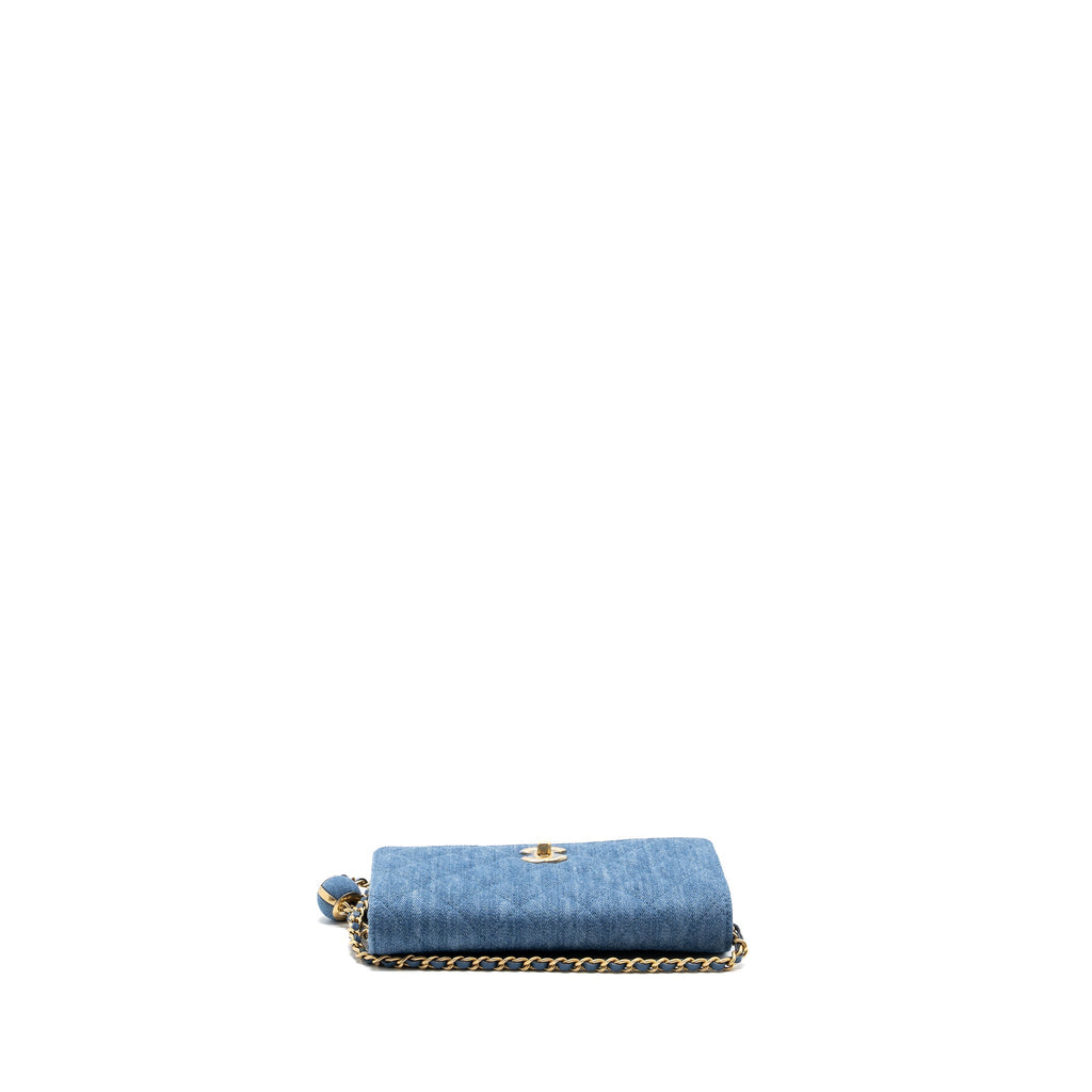 CHANEL 22C PEARL CRUSH WALLET ON CHAIN DENIM BLUE GHW (MICROCHIP)