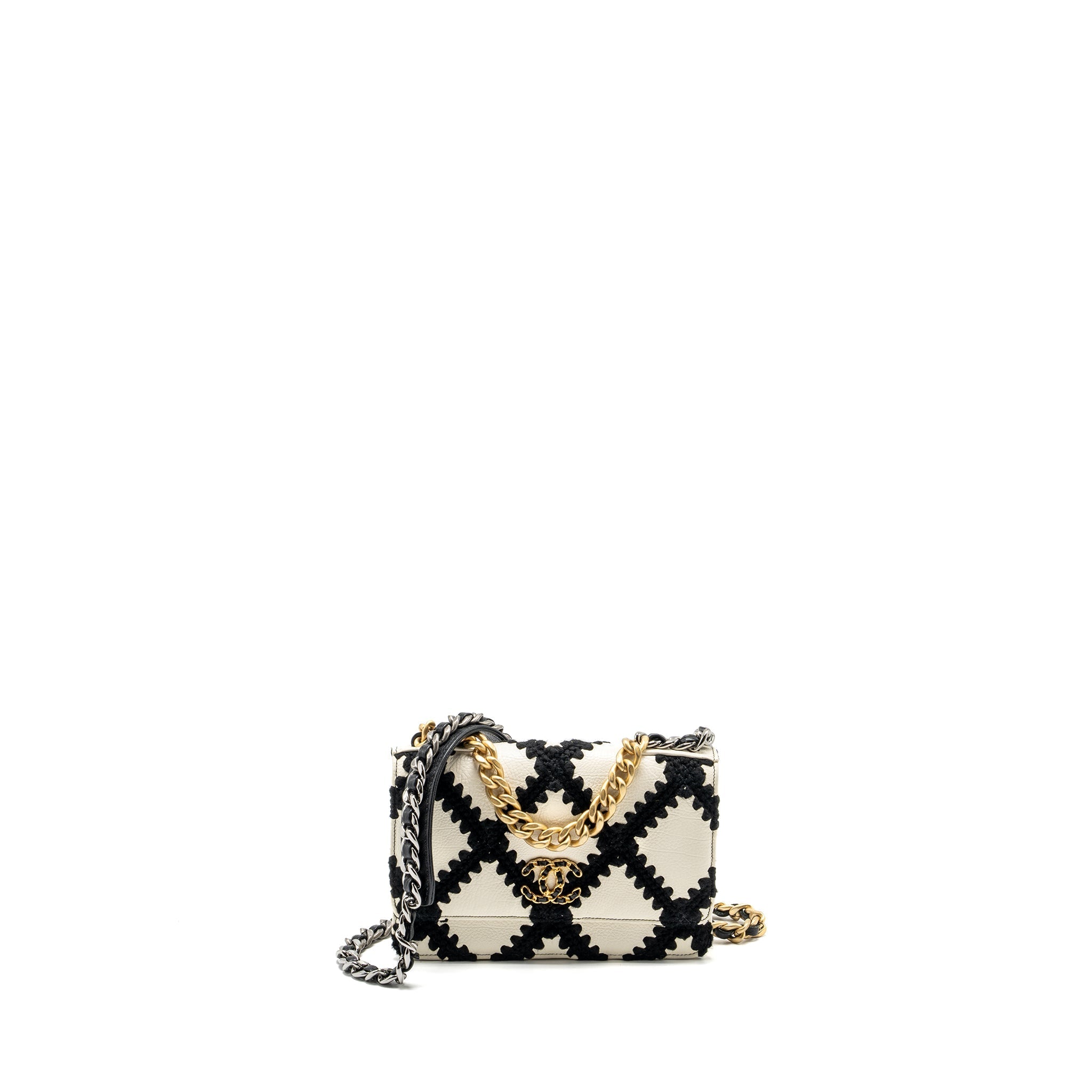 CHANEL 19 WALLET ON CHAIN FABRIC/CALFSKIN WHITE/BLACK MULTICOLOUR HARDWARE