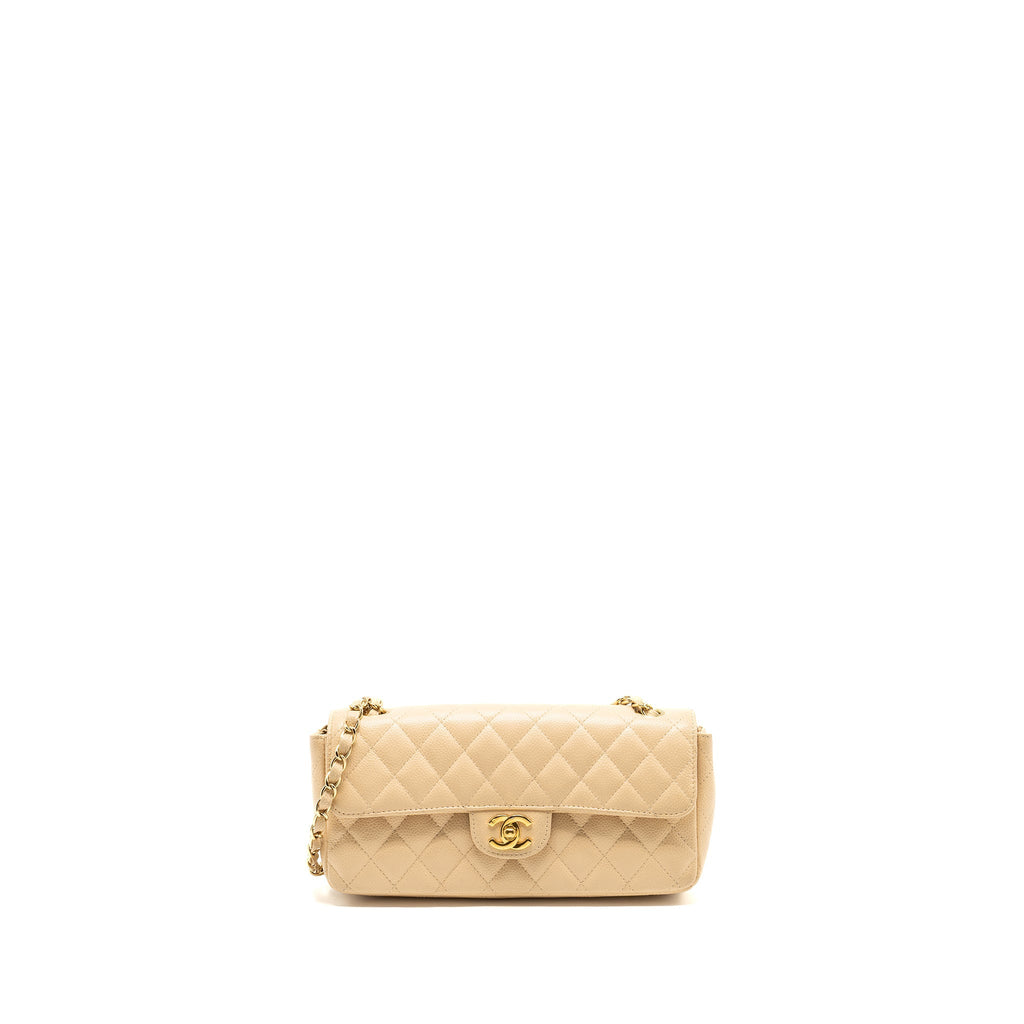 CHANEL EAST-WEST FLAP SHOULDER BAG CAVIAR BEIGE GHW