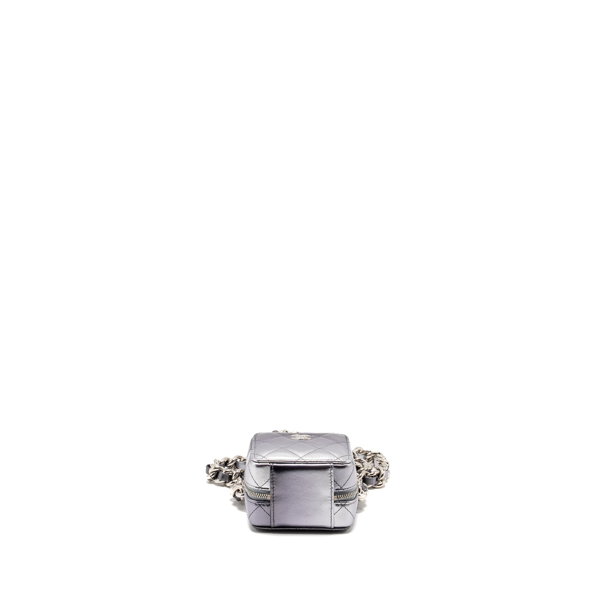 CHANEL MINI QUILTED VANITY WITH GIANT CHAIN LAMBSKIN METALLIC GREY SHW